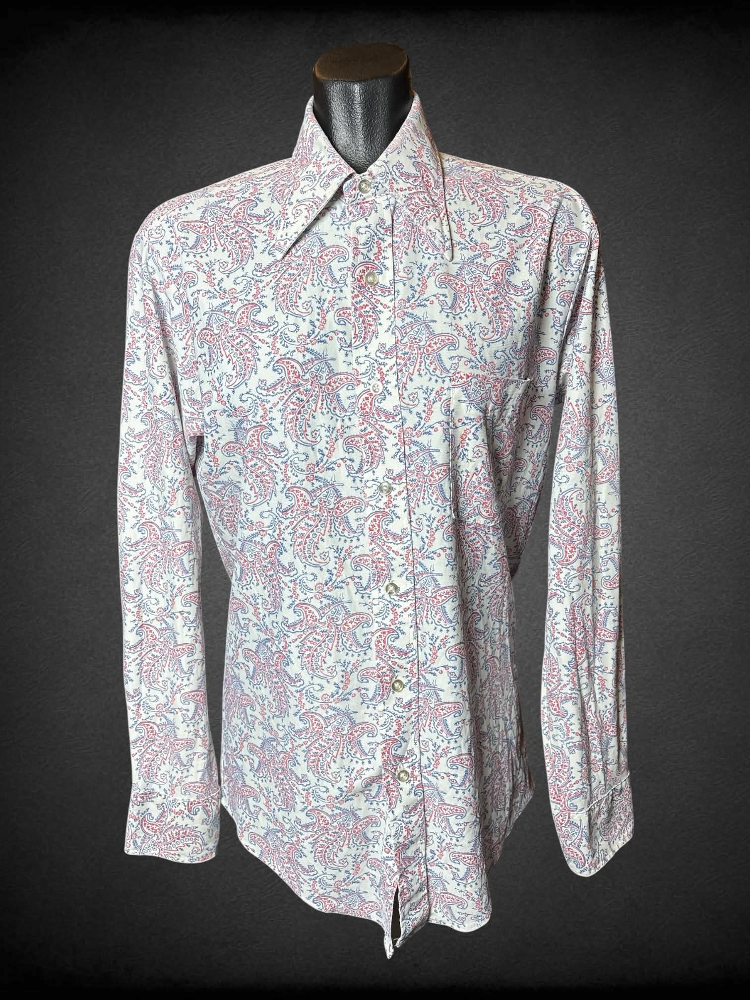 M David Harrison vintage white button-up shirt with blue & red paisley pattern, and pocket on front