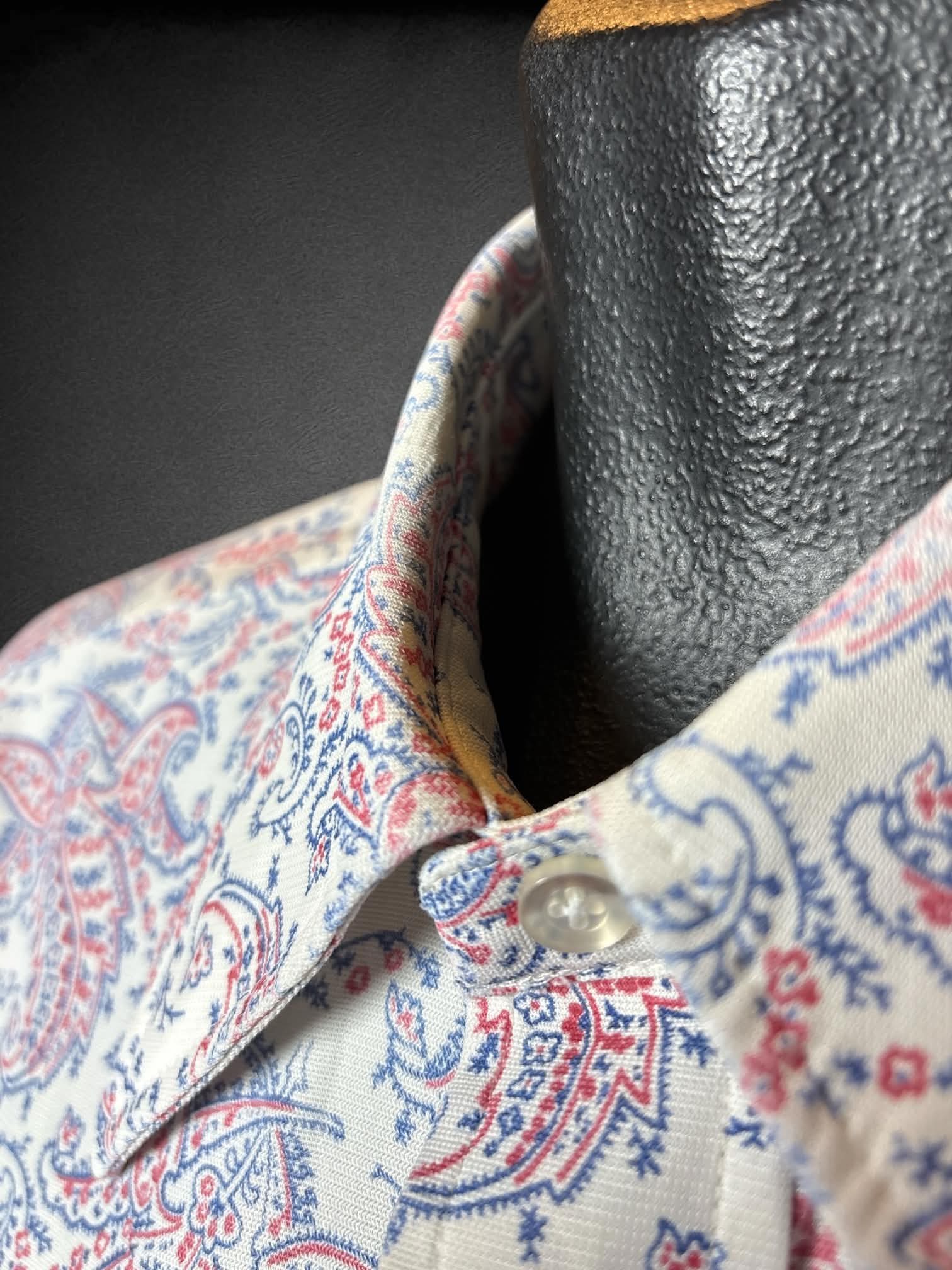 M David Harrison vintage white button-up shirt with blue & red paisley pattern, and pocket on front