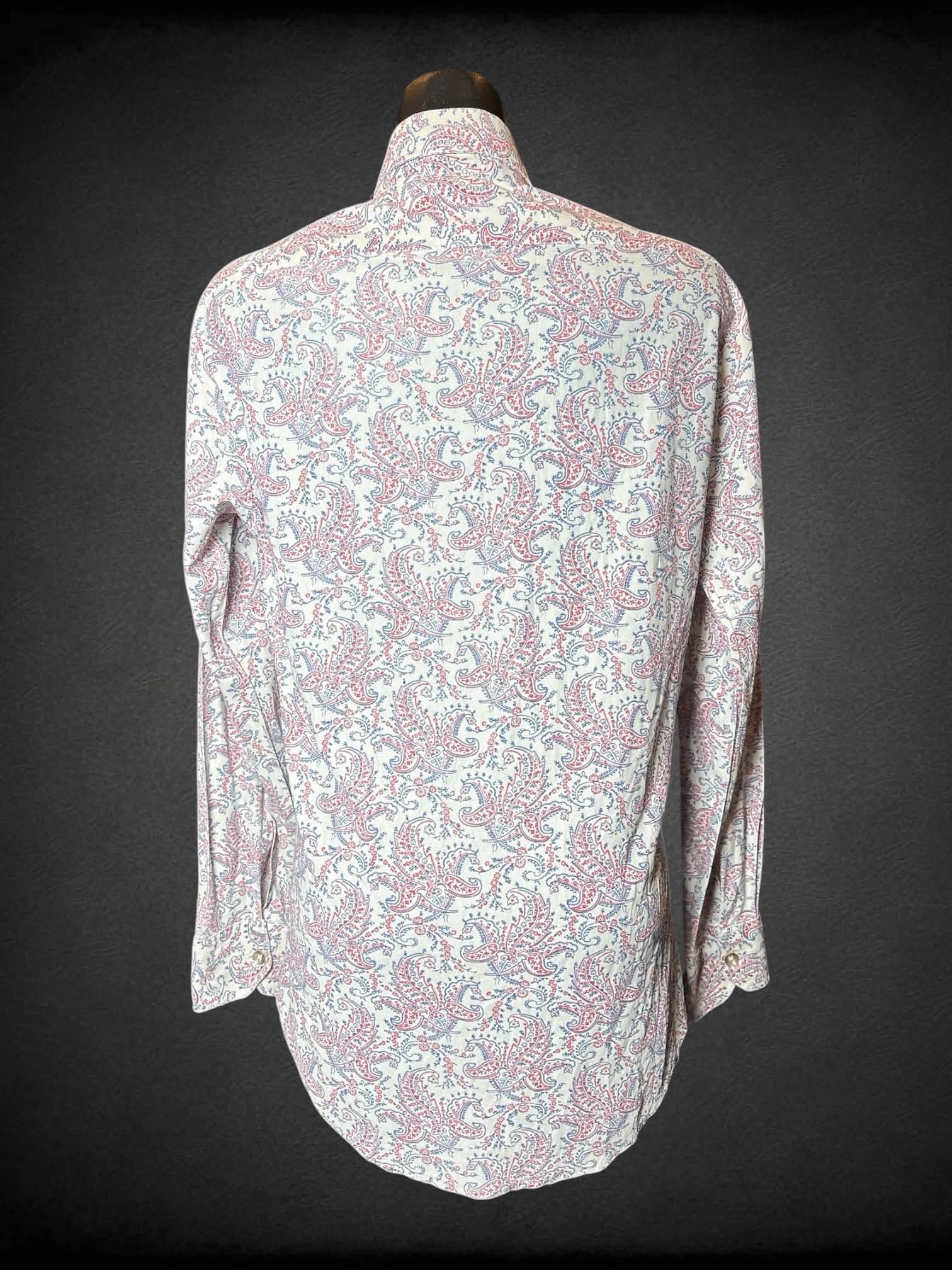 M David Harrison vintage white button-up shirt with blue & red paisley pattern, and pocket on front