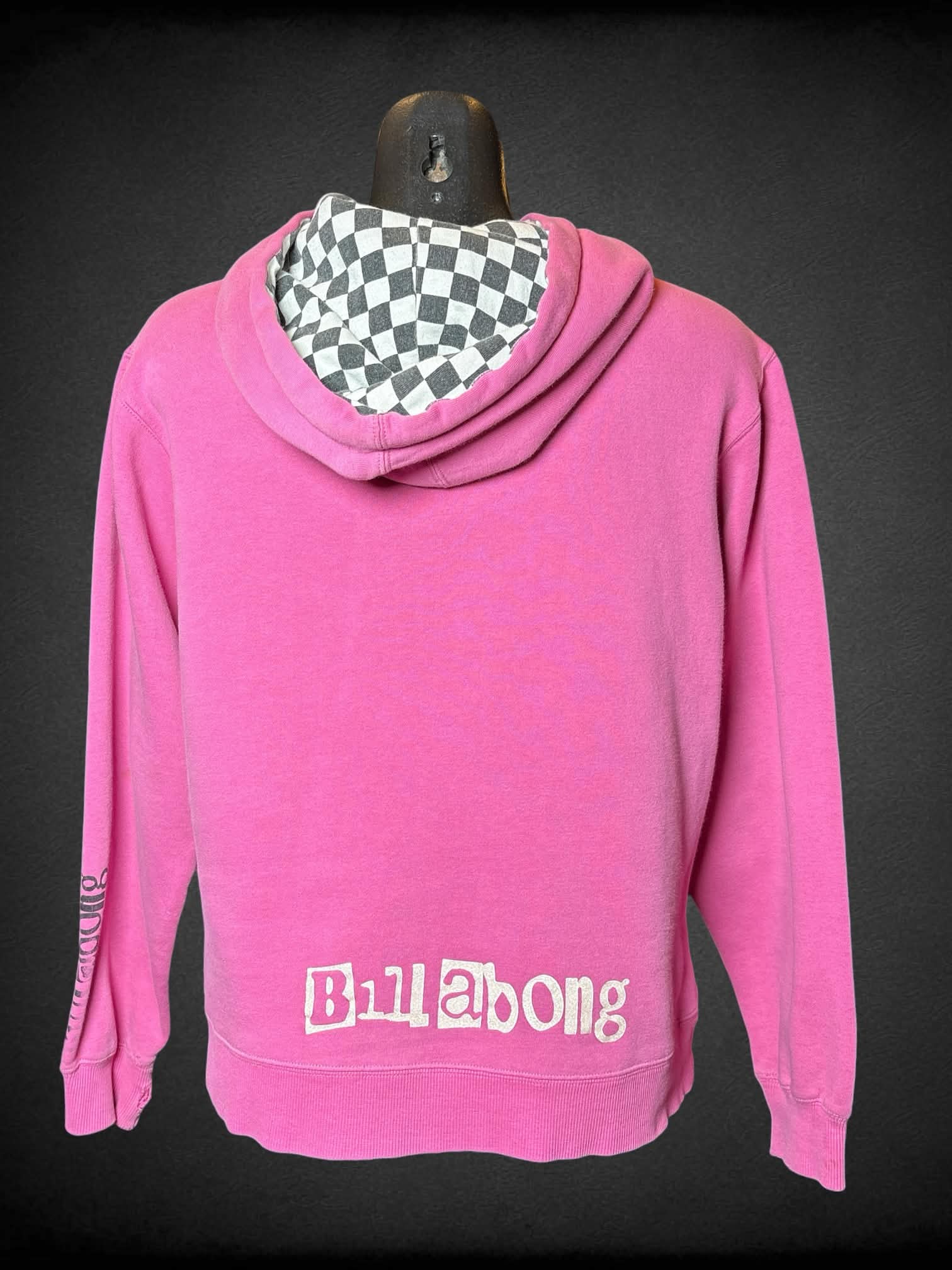 M BillaBong pink hoodie with sparkly logo on front & back, front zipper pocket and thumb holes in sleeves