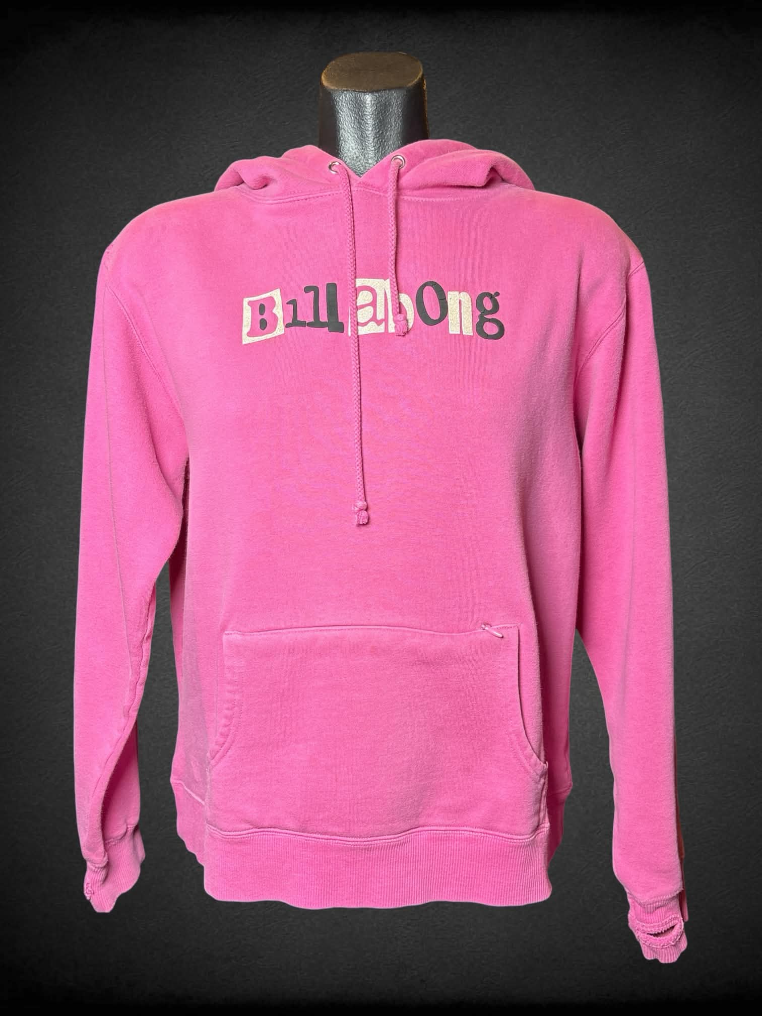 M BillaBong pink hoodie with sparkly logo on front & back, front zipper pocket and thumb holes in sleeves