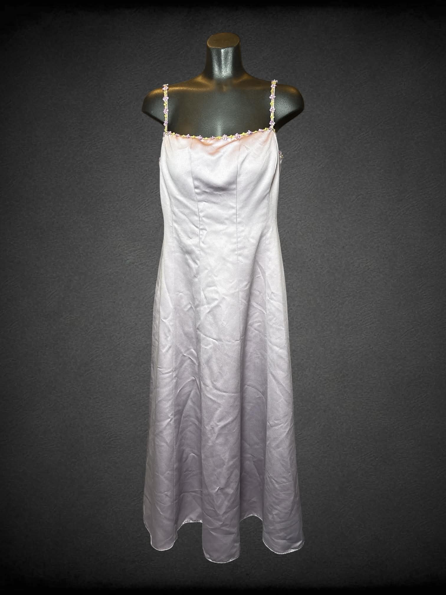 M Michelangelo vintage lilac dress with flower detailing on neckline and straps, zipper on side, and padded bra inside