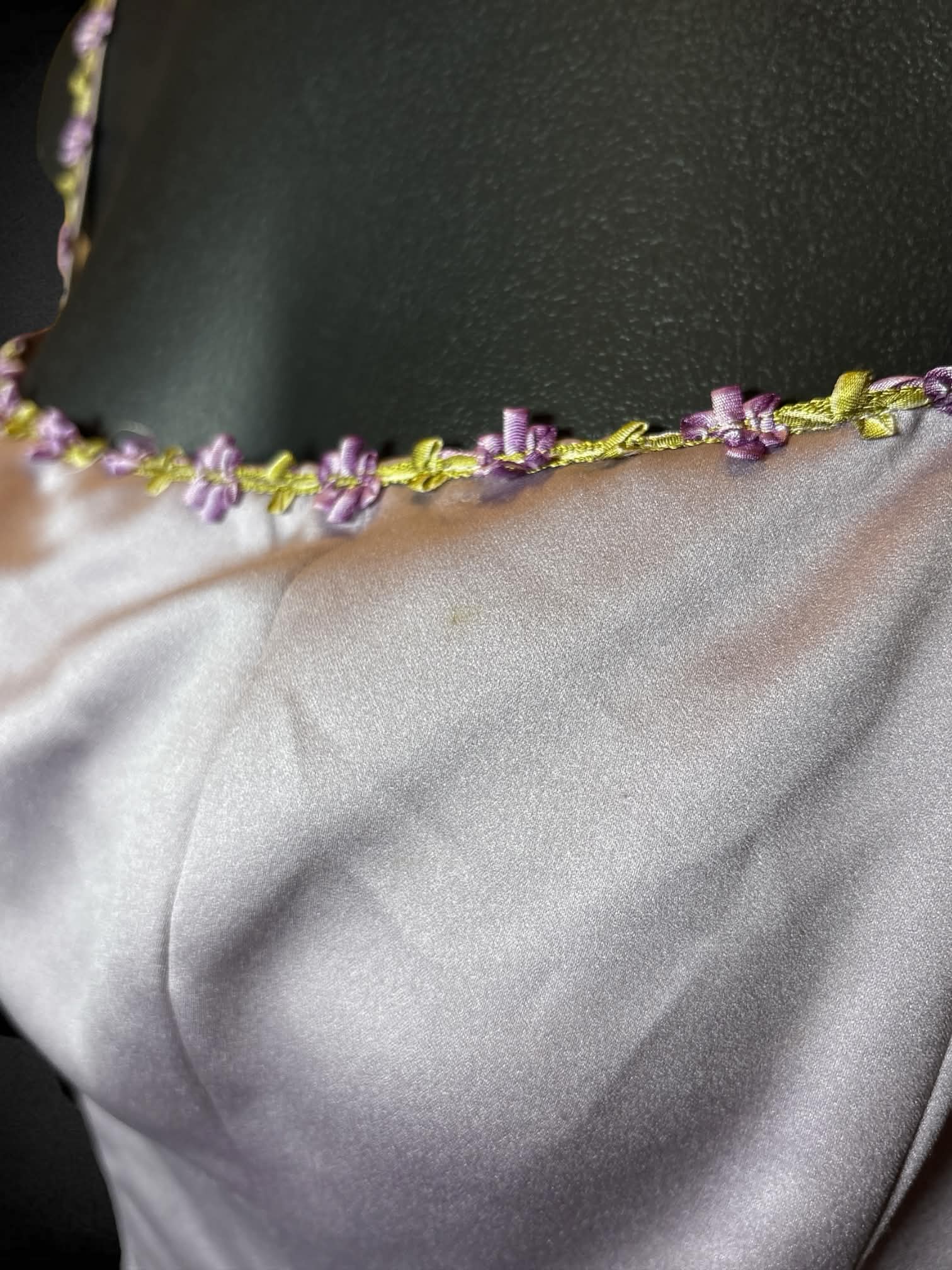 M Michelangelo vintage lilac dress with flower detailing on neckline and straps, zipper on side, and padded bra inside