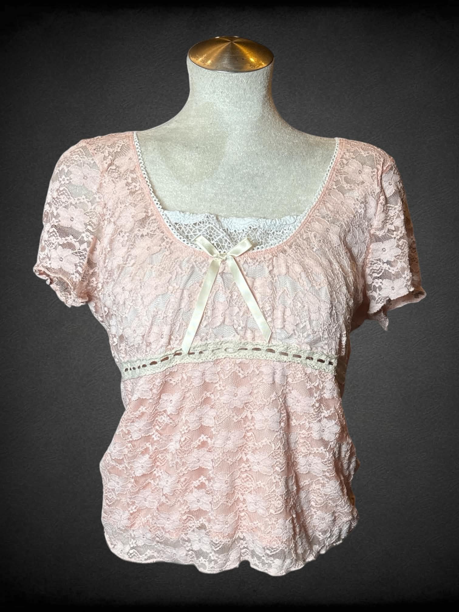 L Hot Topic baby pink lace shirt with flower embroidery, bow on front and empire waist seem