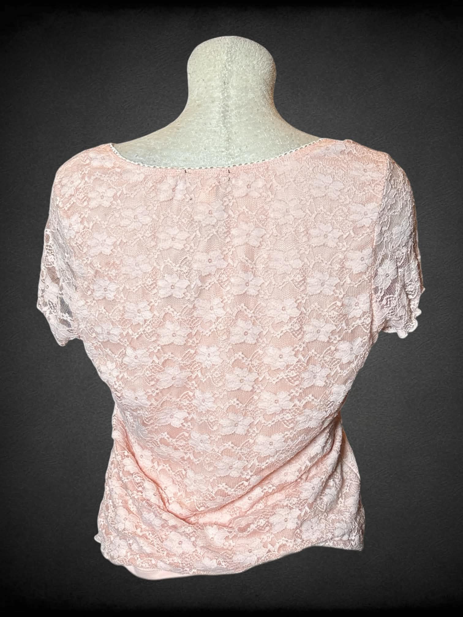 L Hot Topic baby pink lace shirt with flower embroidery, bow on front and empire waist seem
