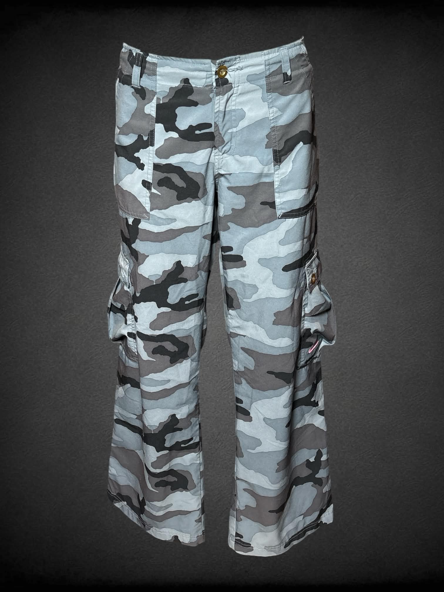 L grey camo cargo pants with adjustable stretch waist