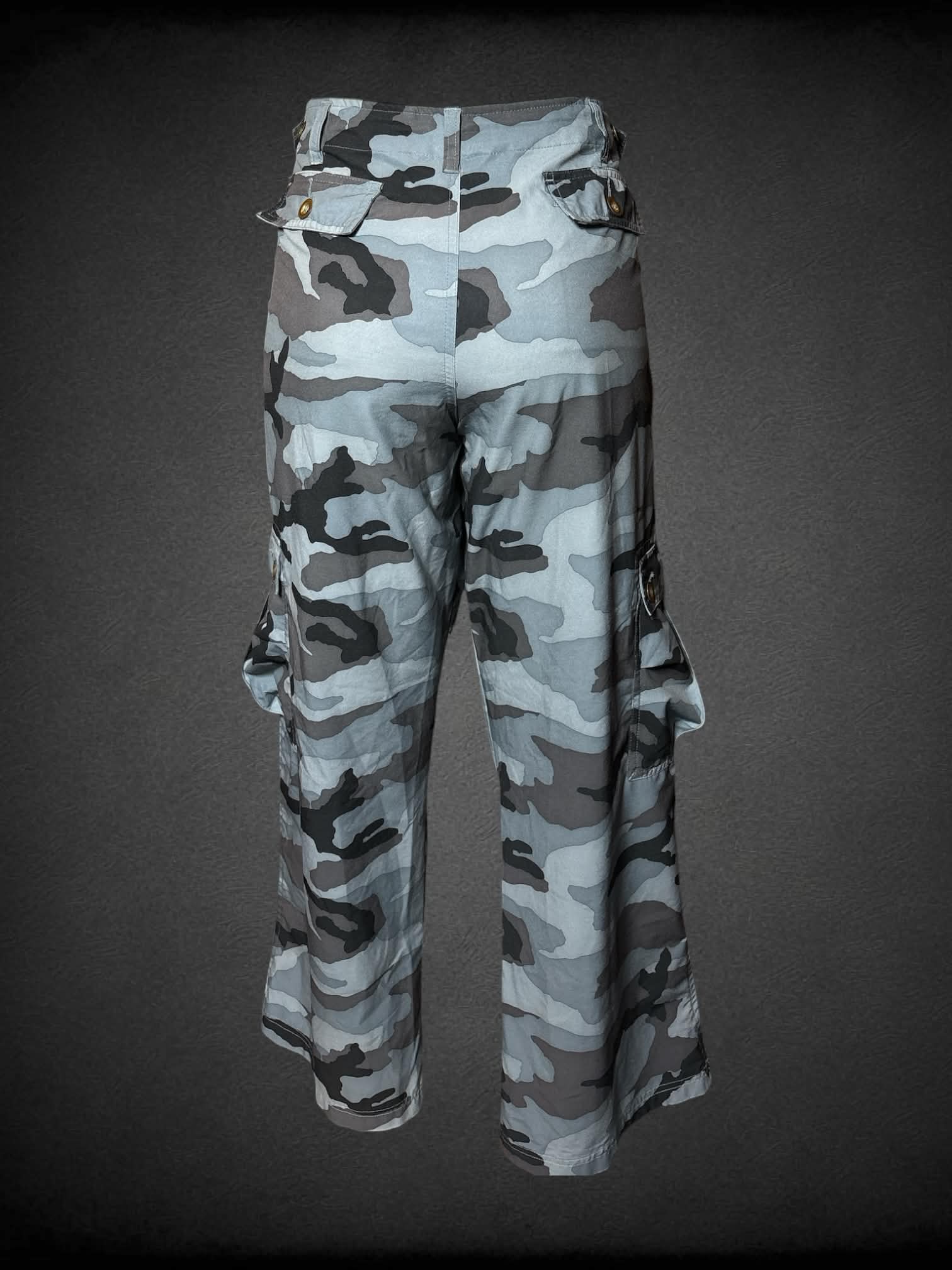 L grey camo cargo pants with adjustable stretch waist