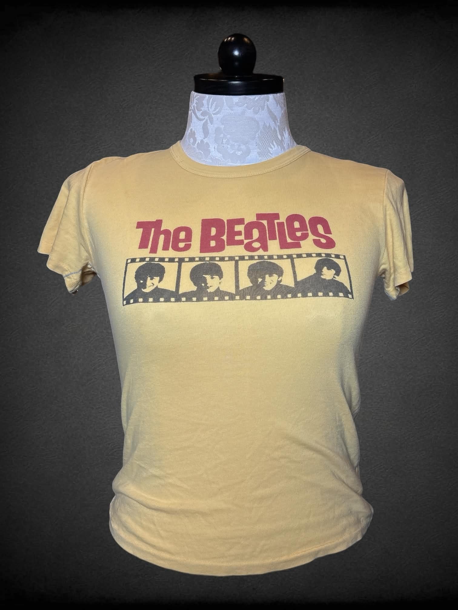 XL yellow baby tee with vintage-style “Beatles” graphic on front