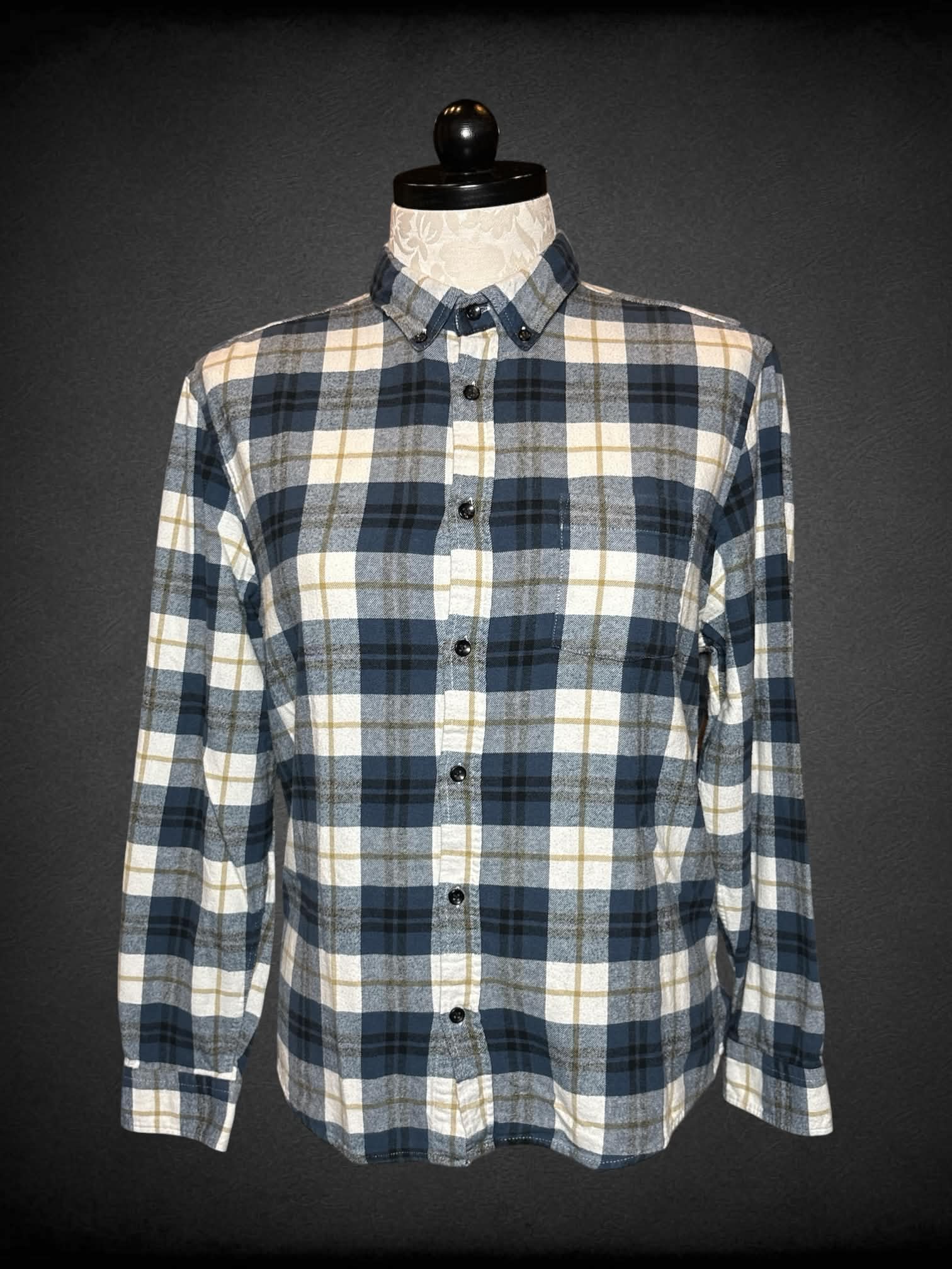XL Primark white & blue plaid button-down shirt with pocket on front