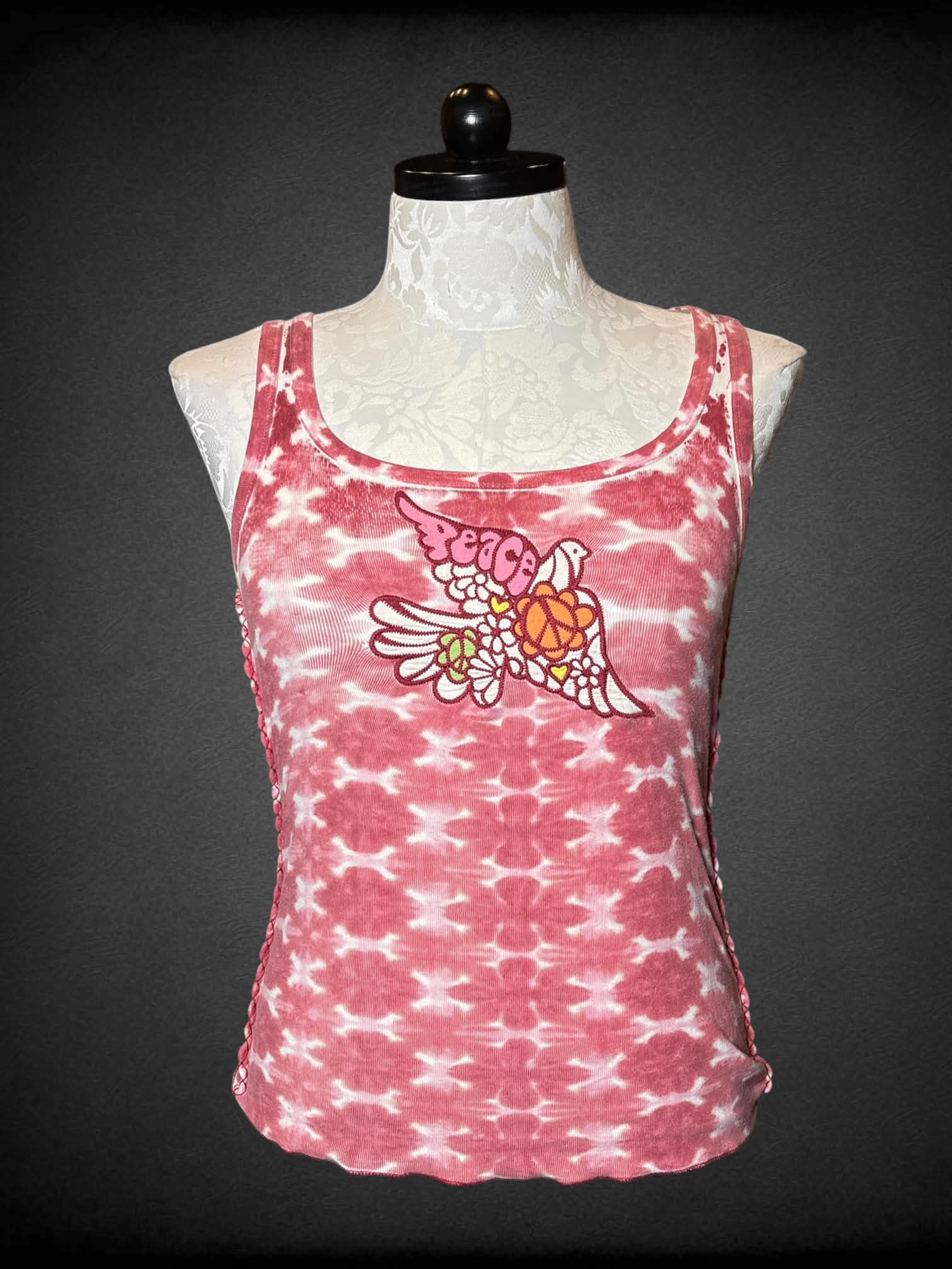 0X Lucky pink and white tie-dye tank top with embroidered “Peace” and dove graphic on front