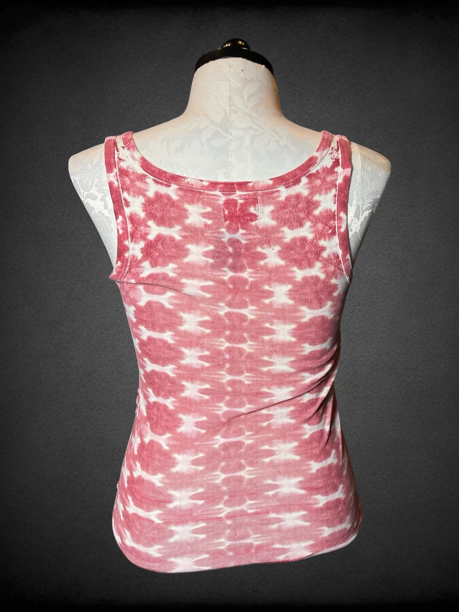 0X Lucky pink and white tie-dye tank top with embroidered “Peace” and dove graphic on front