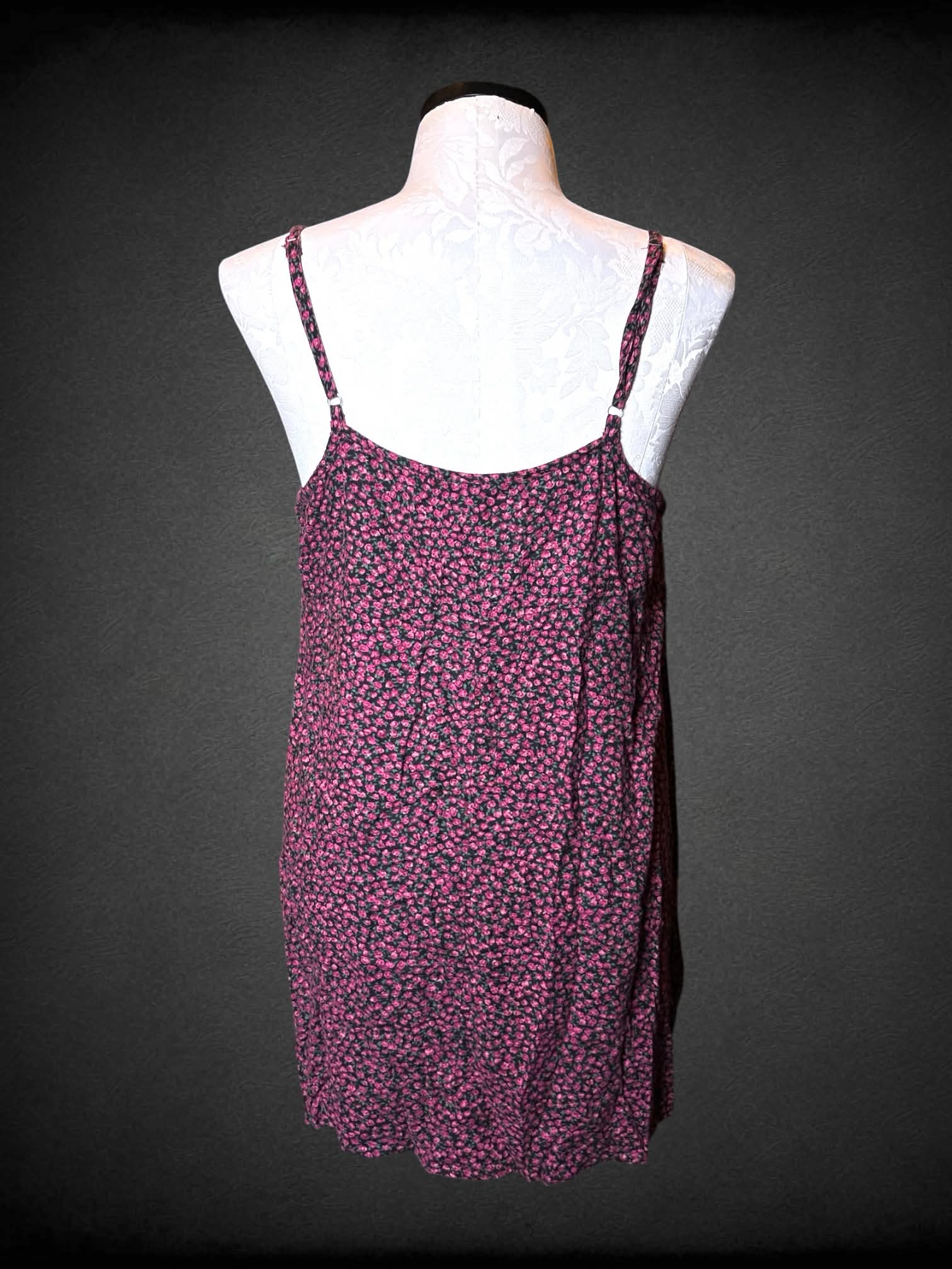 0X Wild Fable black flowy dress with pink floral pattern, and adjustable straps