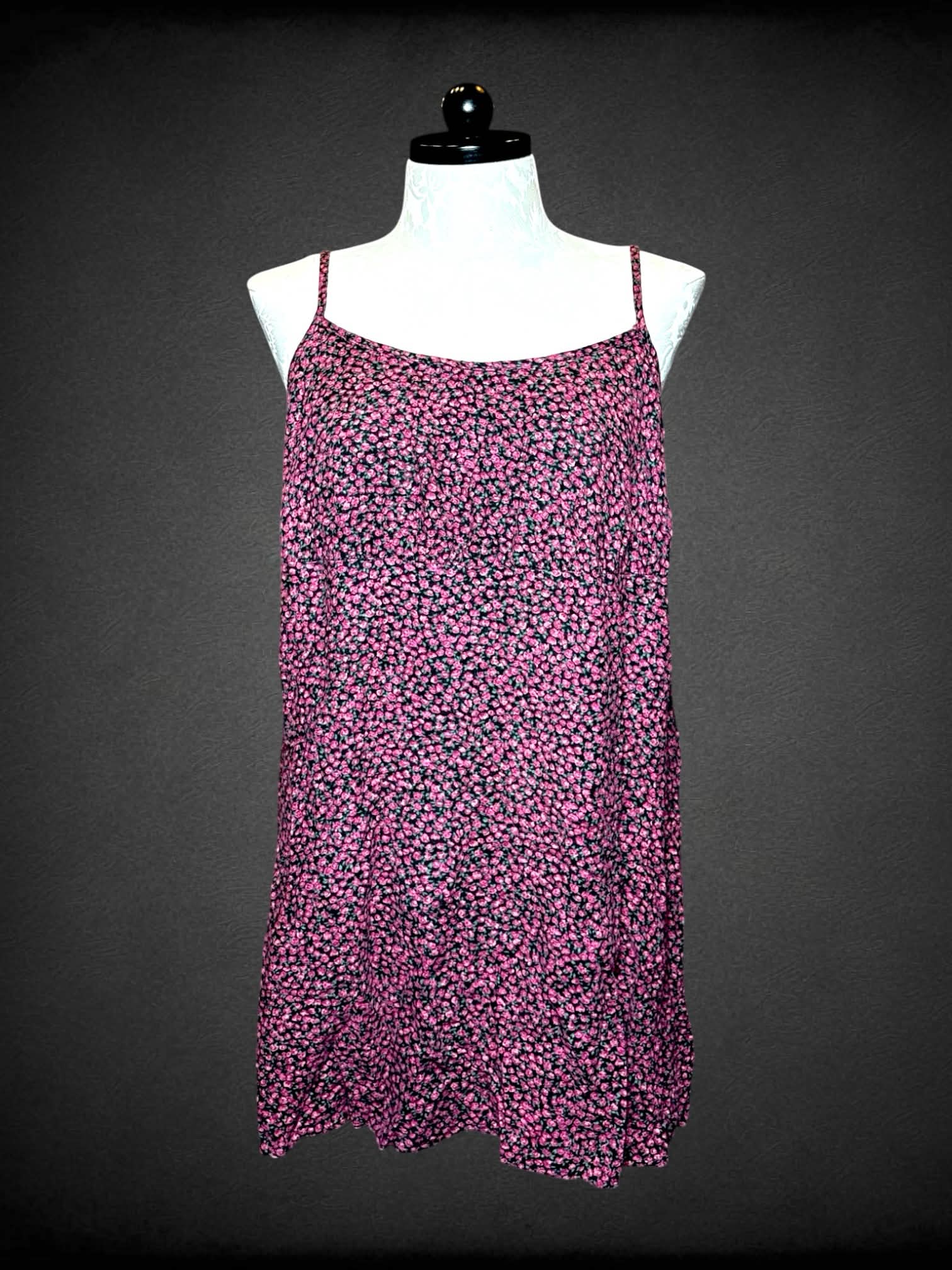 0X Wild Fable black flowy dress with pink floral pattern, and adjustable straps