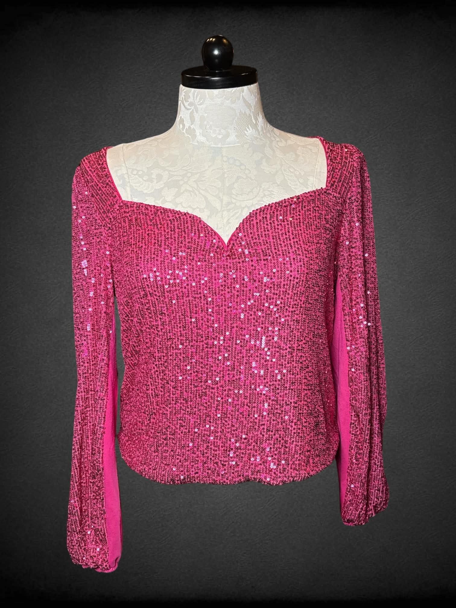 1X Torrid hot pink sequined long-sleeve blouse with wired neck line