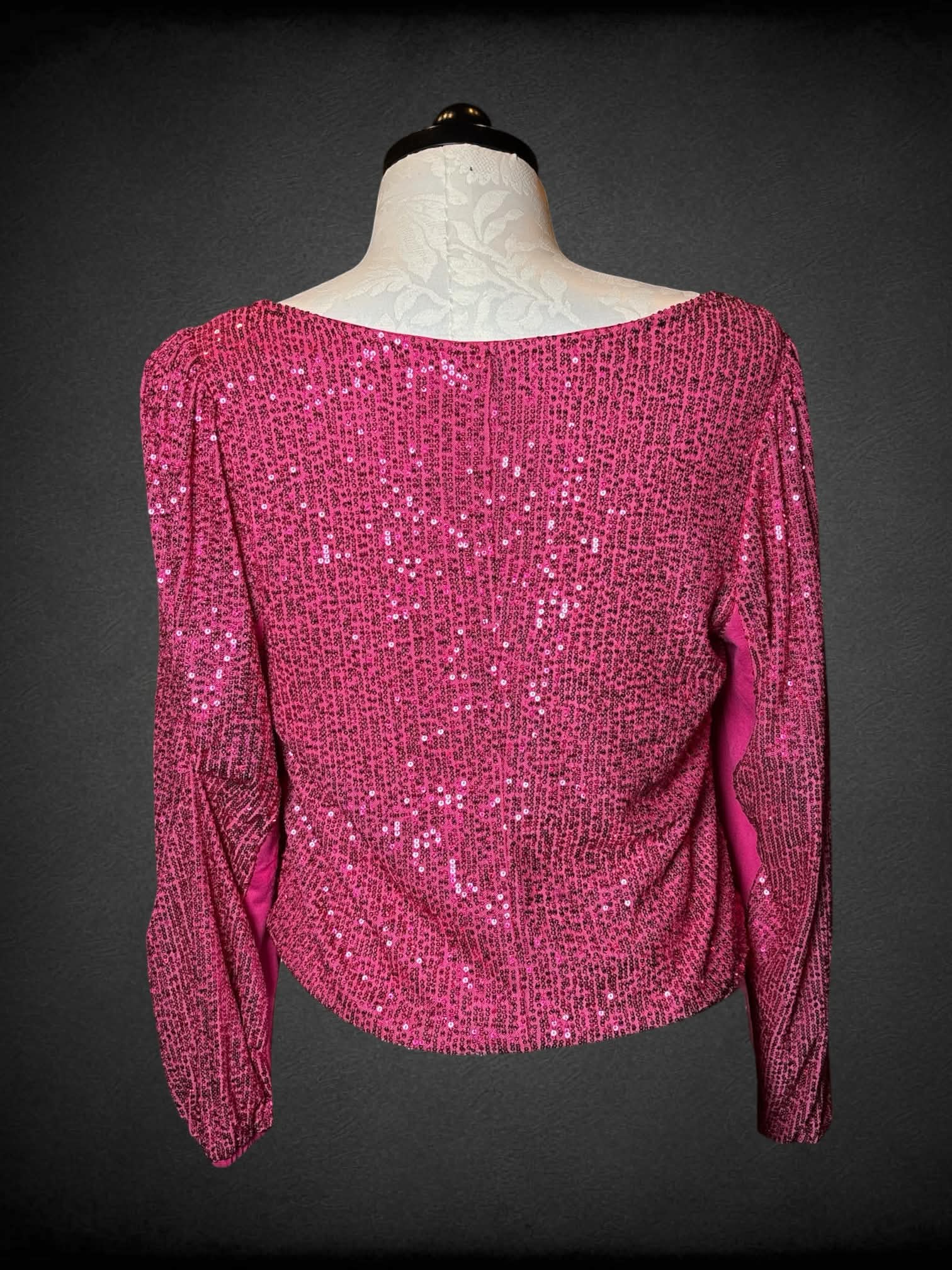 1X Torrid hot pink sequined long-sleeve blouse with wired neck line