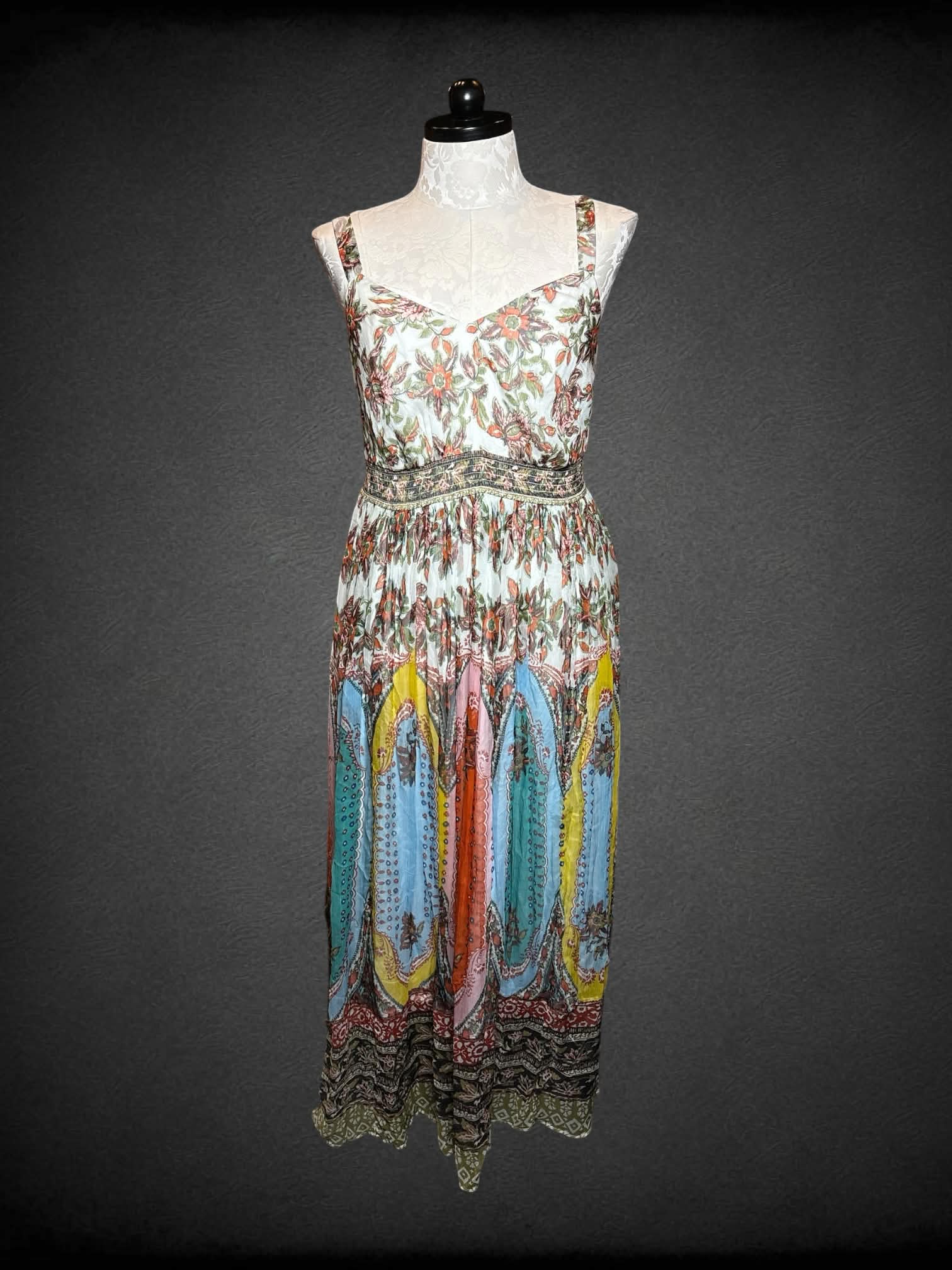 1X Anthropologie NWT white sundress with colorful ornamental and botanical patterns, shirred waist, and adjustable straps