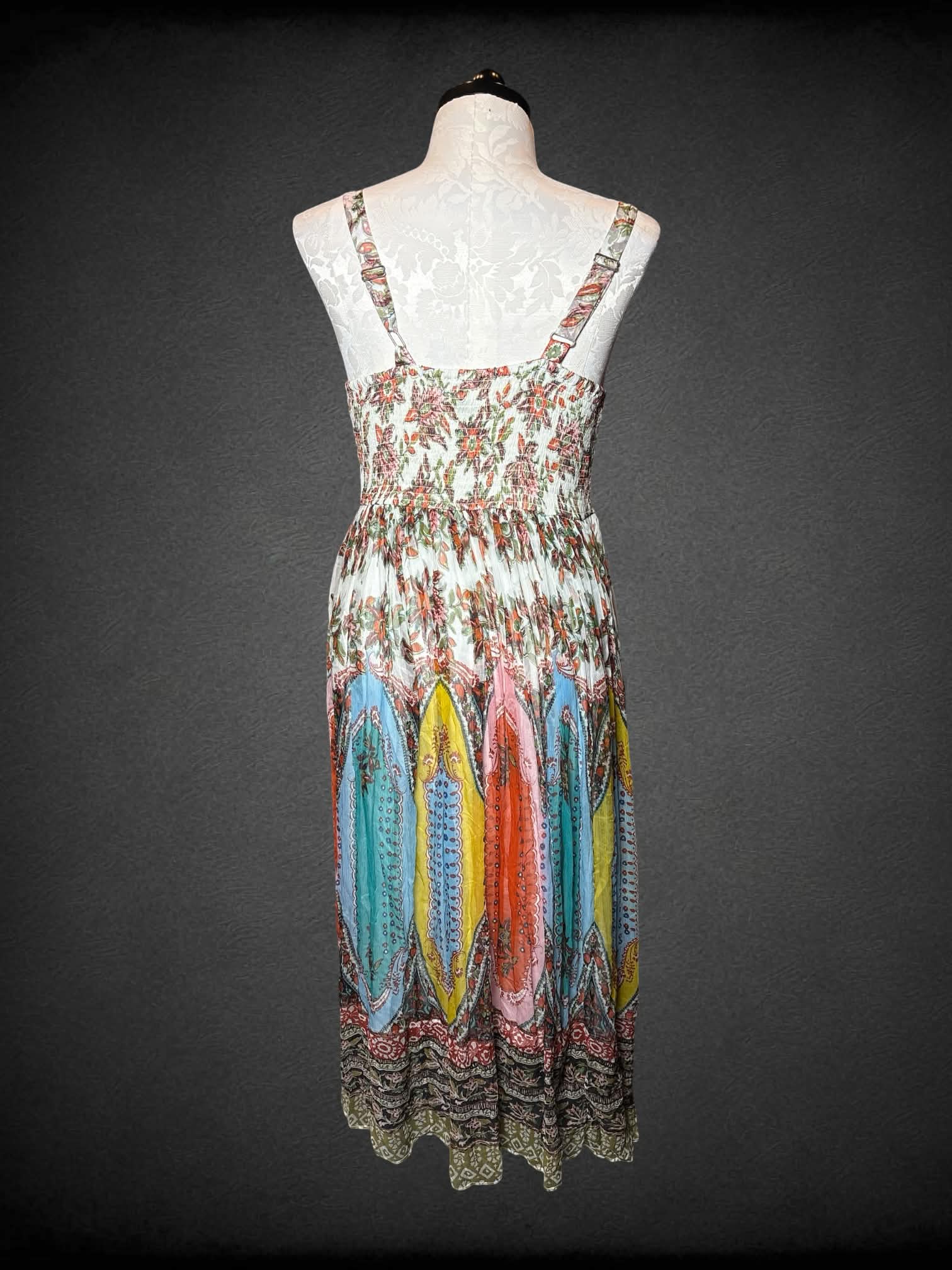 1X Anthropologie NWT white sundress with colorful ornamental and botanical patterns, shirred waist, and adjustable straps