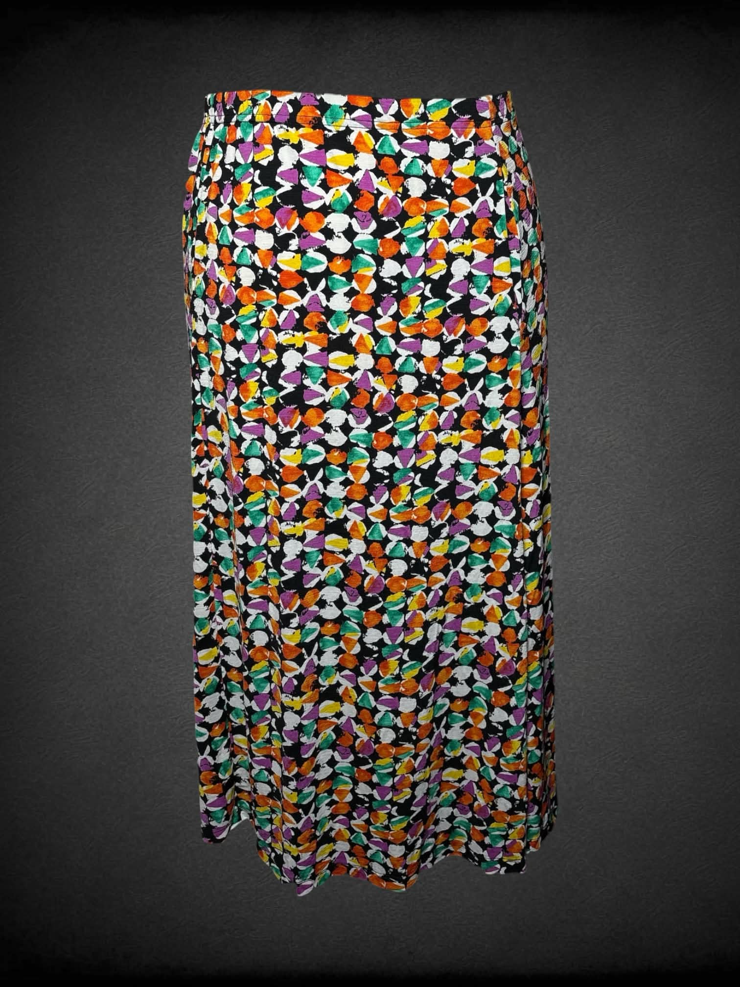 3X Serengeticatalog.com vintage black flowy skirt with colorful geometrical pattern, and pockets