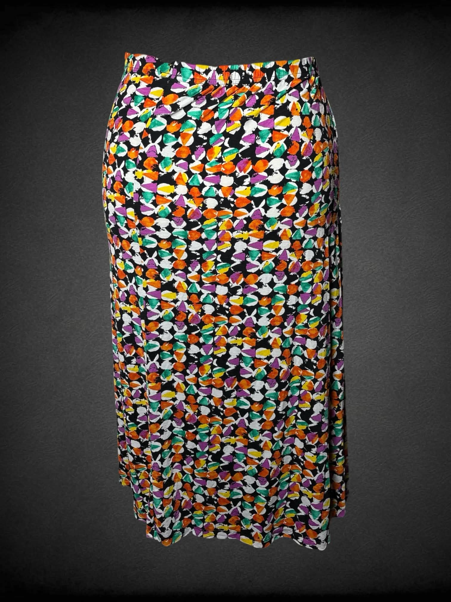 3X Serengeticatalog.com vintage black flowy skirt with colorful geometrical pattern, and pockets