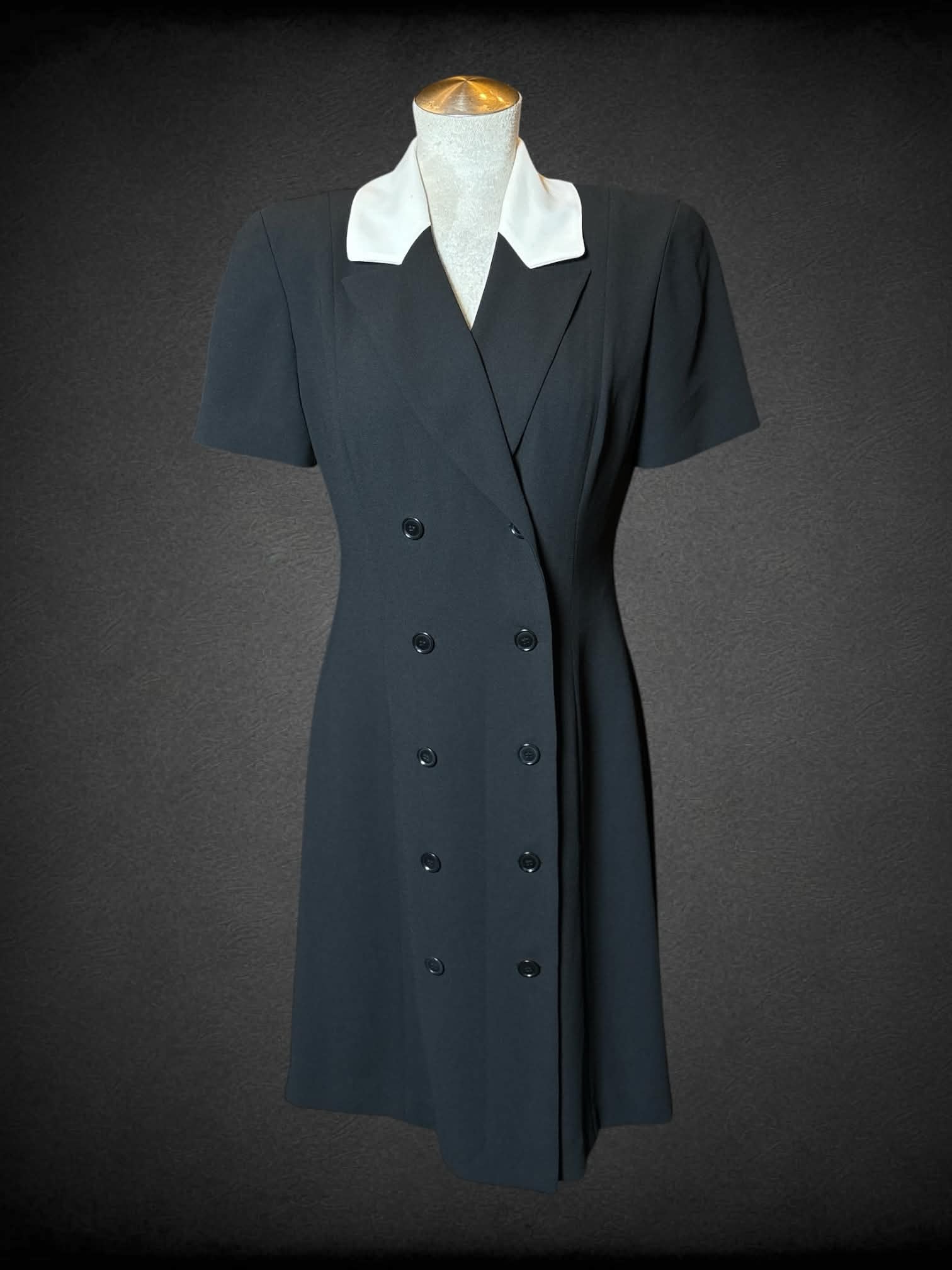 L Jones Wear vintage black button-up dress with white collar, and padded shoulders