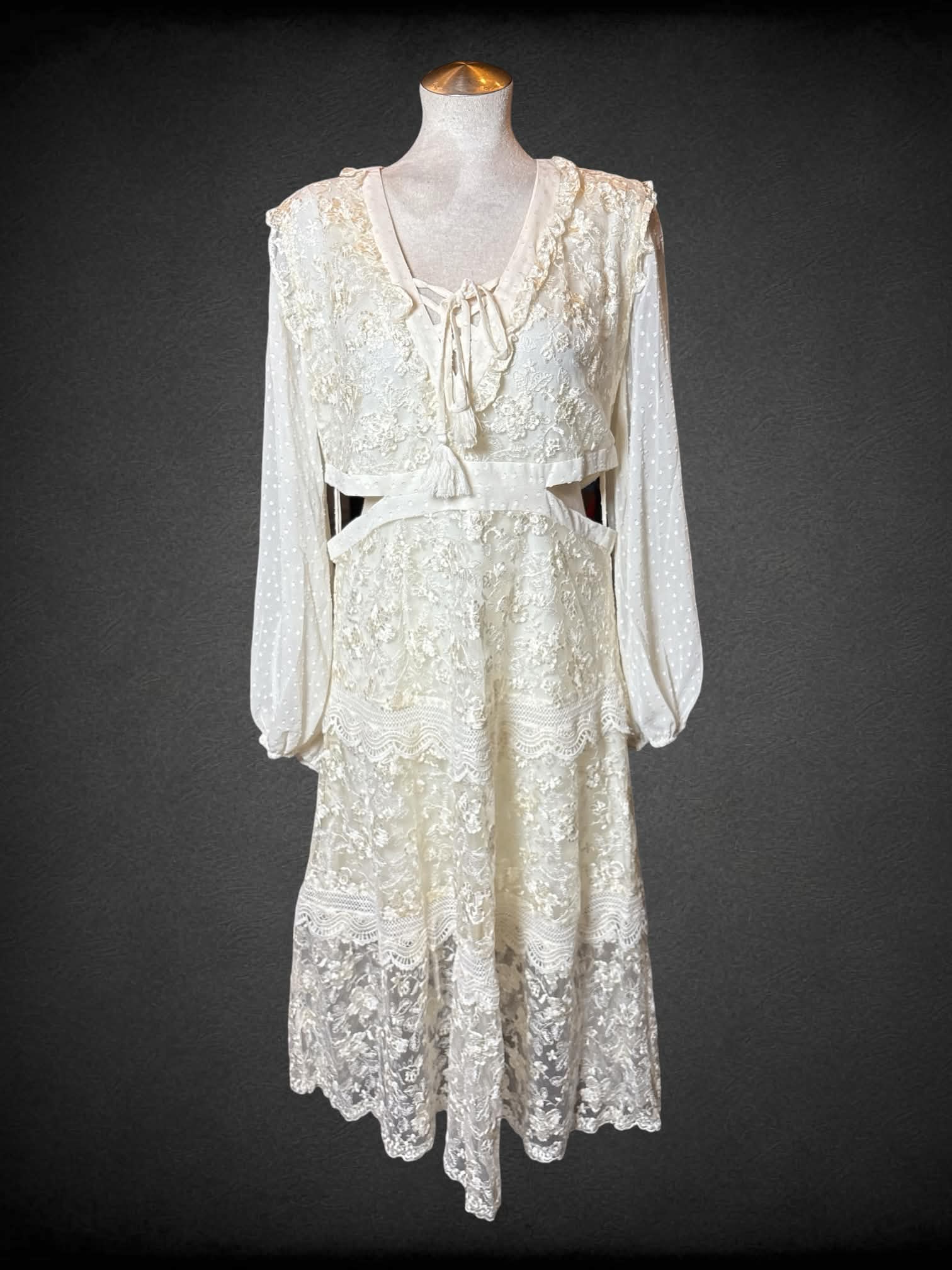 L Alexis NWT white lace long-sleeve dress with cutout design on sides, floral embroidery, and zipper on back