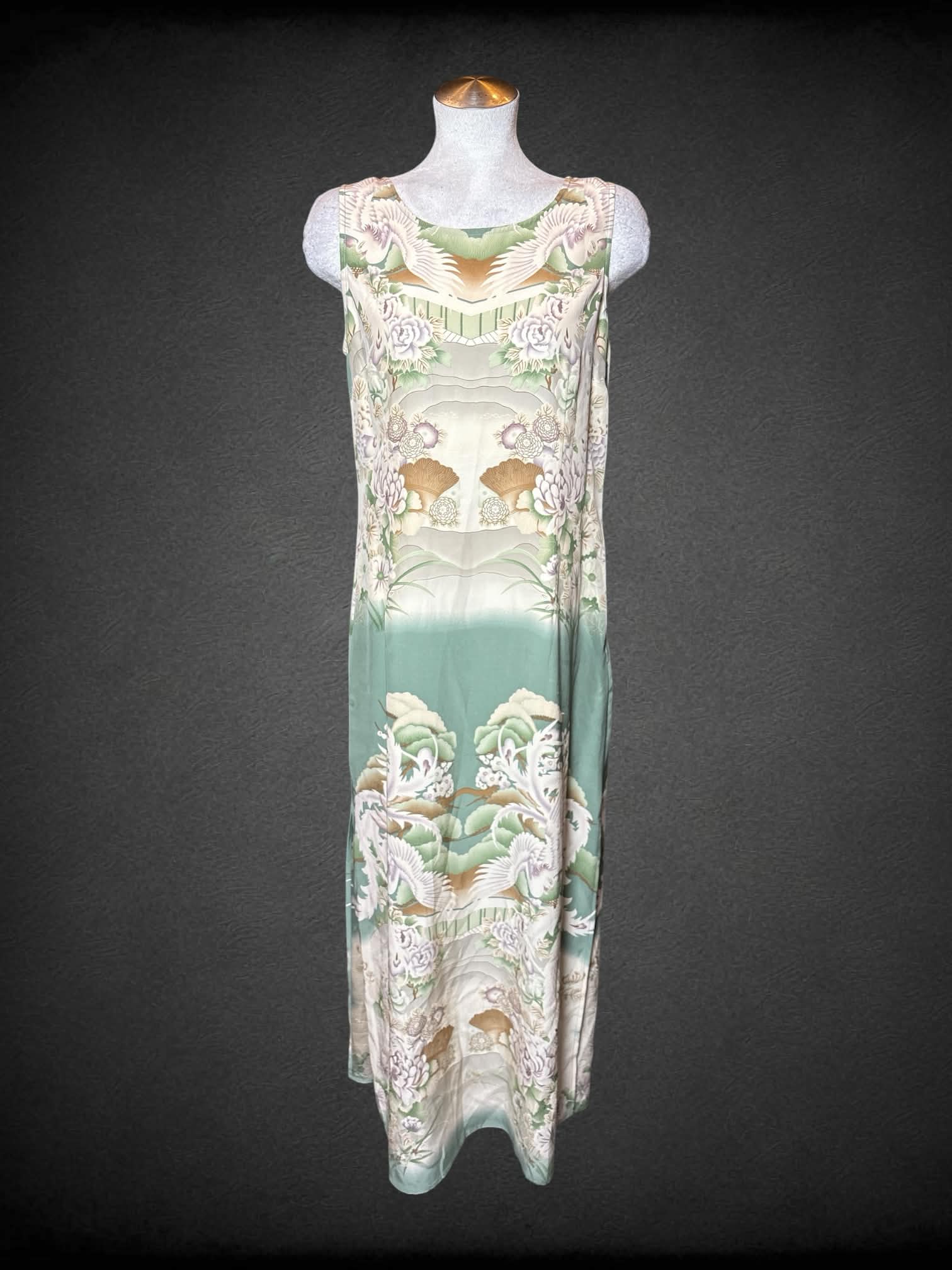 L Citron vintage two-piece set with green silk dress with zipper on sides, and button-up robe with painted floral design