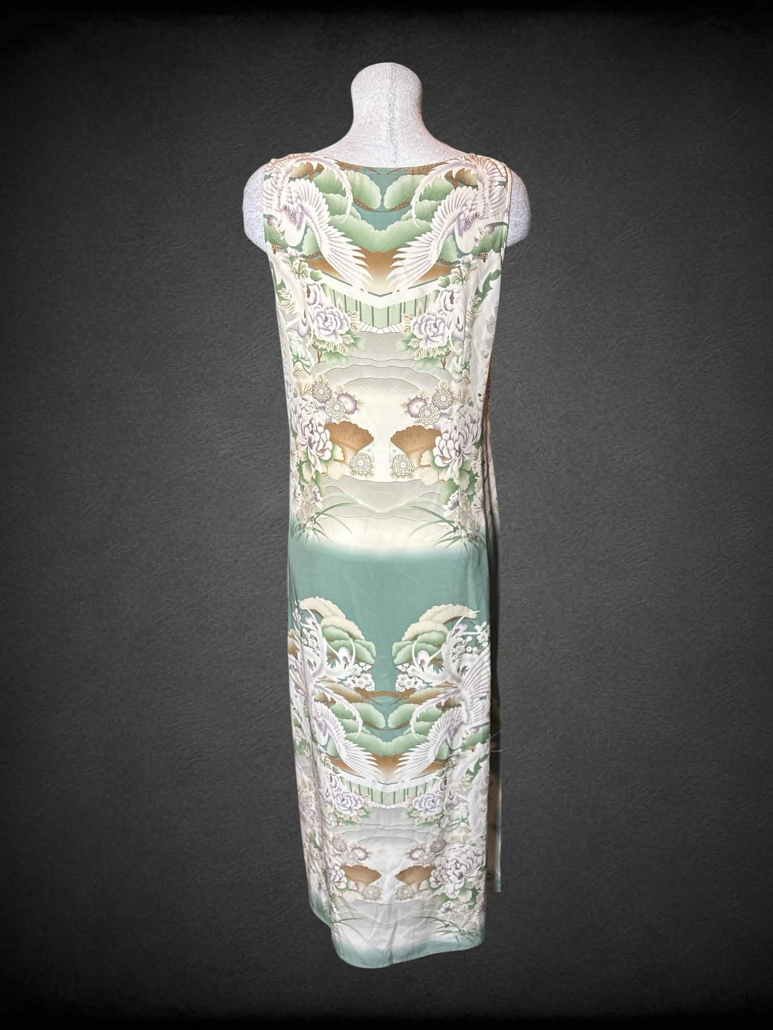 L Citron vintage two-piece set with green silk dress with zipper on sides, and button-up robe with painted floral design