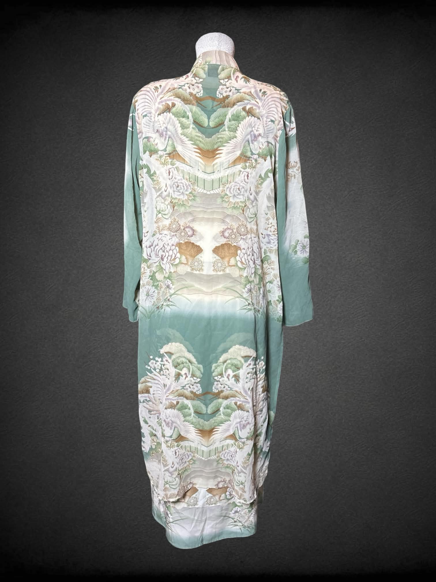 L Citron vintage two-piece set with green silk dress with zipper on sides, and button-up robe with painted floral design