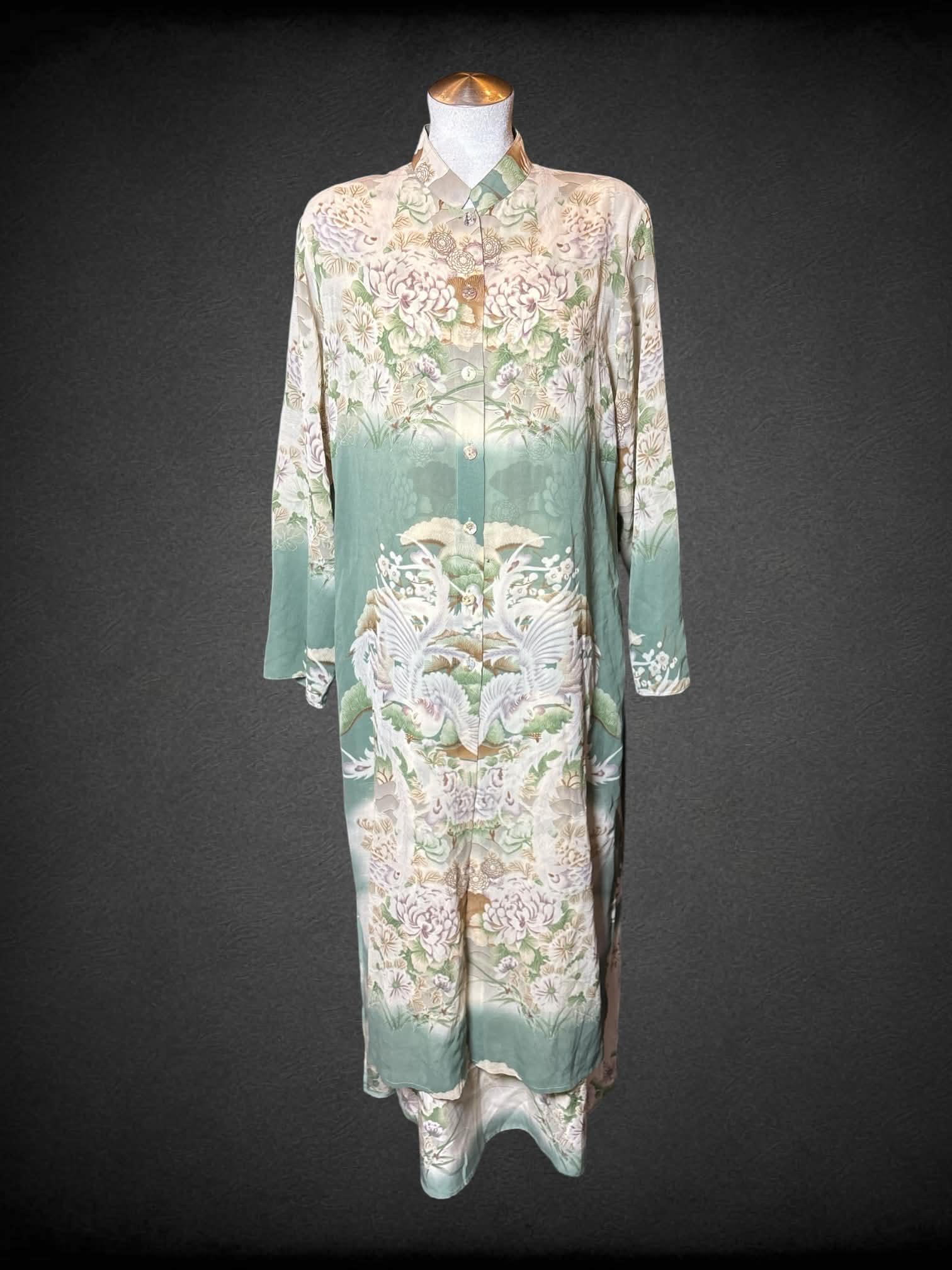 L Citron vintage two-piece set with green silk dress with zipper on sides, and button-up robe with painted floral design