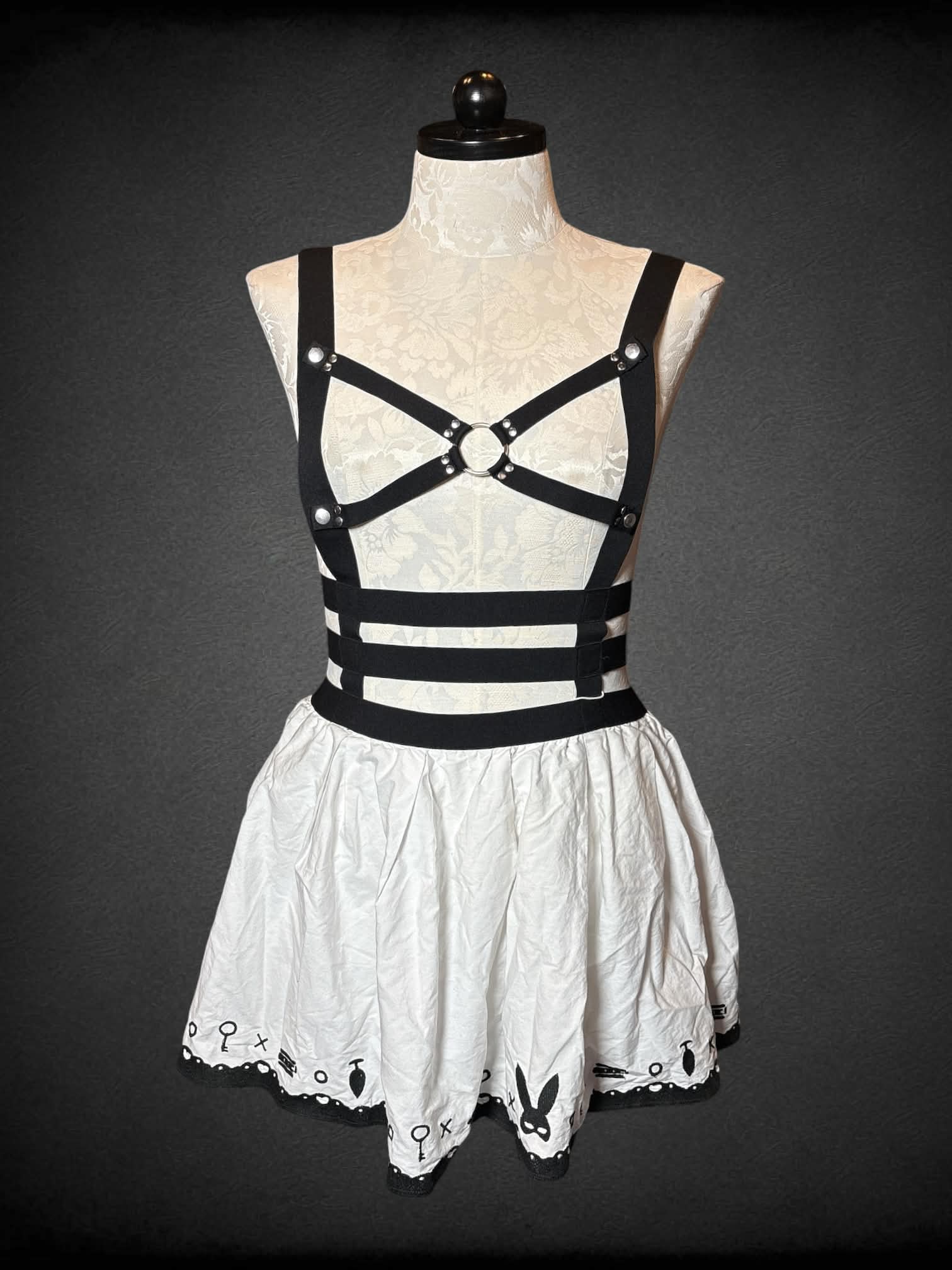XL Little For Big bondage bunny  skirt with BDSM embroidery on hem, and removable hog-tie style chest harness