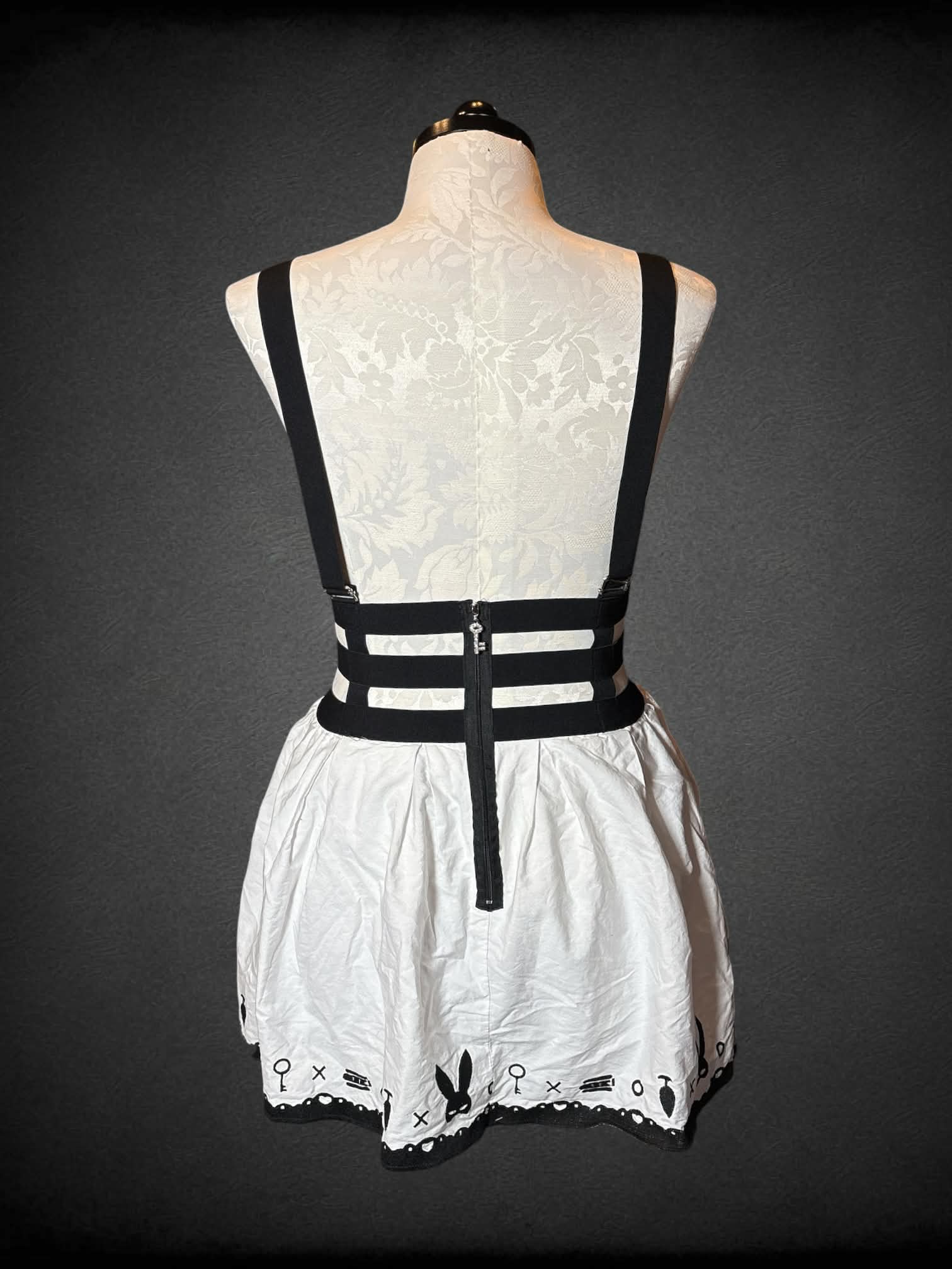 XL Little For Big bondage bunny  skirt with BDSM embroidery on hem, and removable hog-tie style chest harness