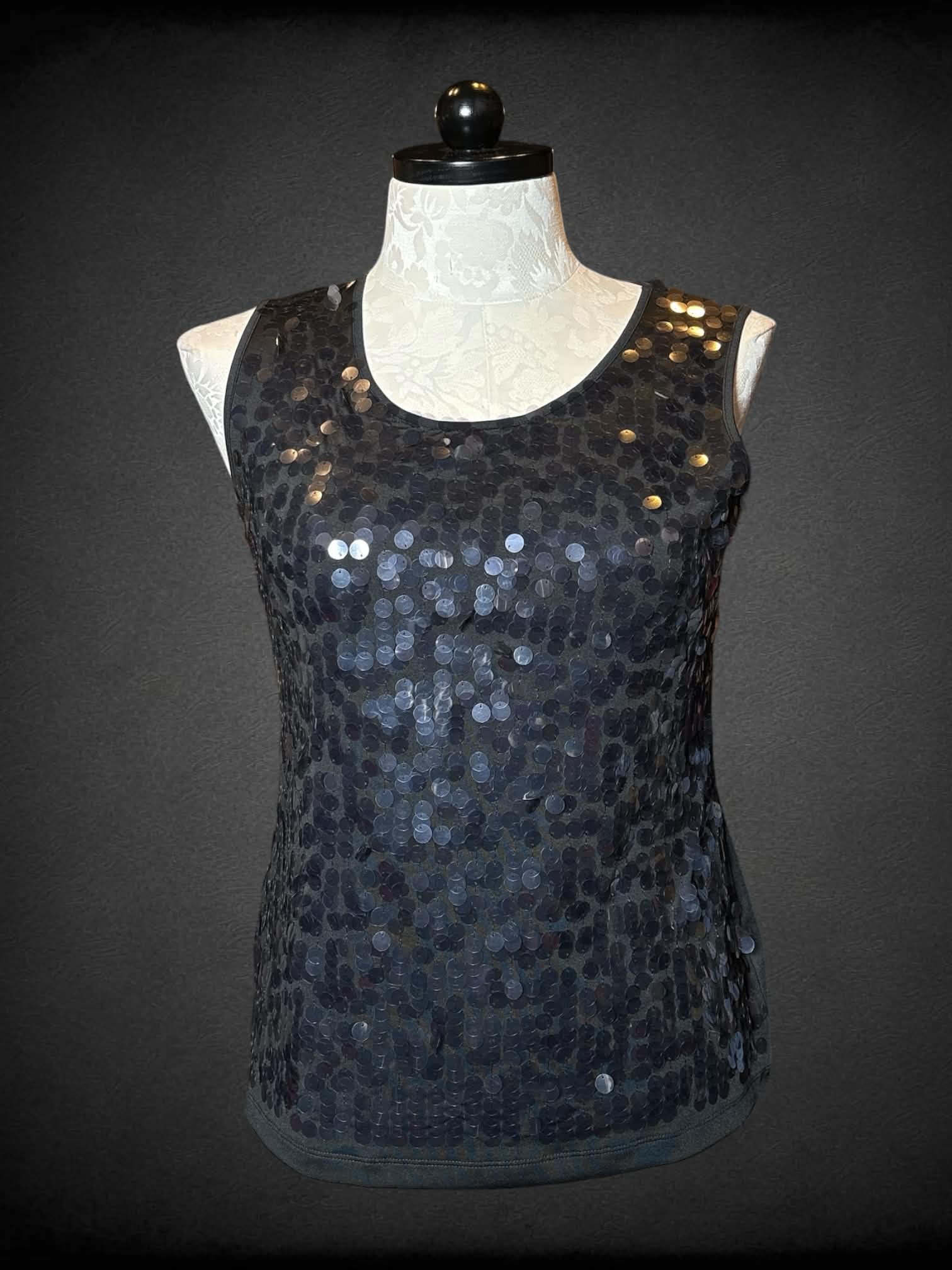 0X Joan Rivers black tank top with sequined design on front