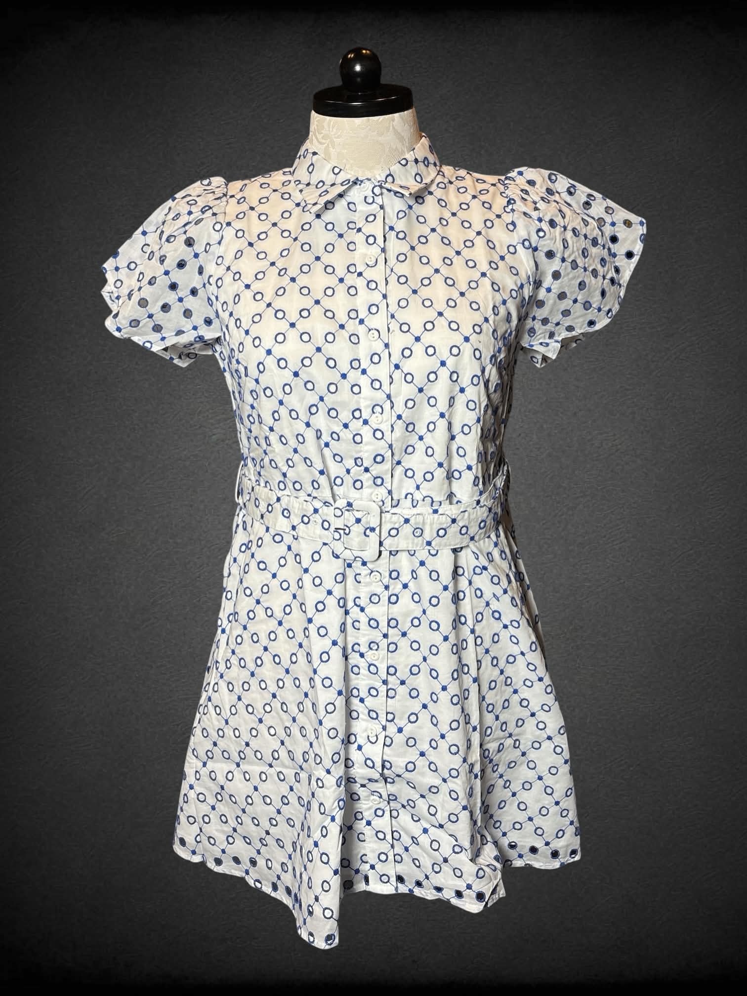 0X Alexis NWT white button-up dress with blue circular pattern, and detachable belt