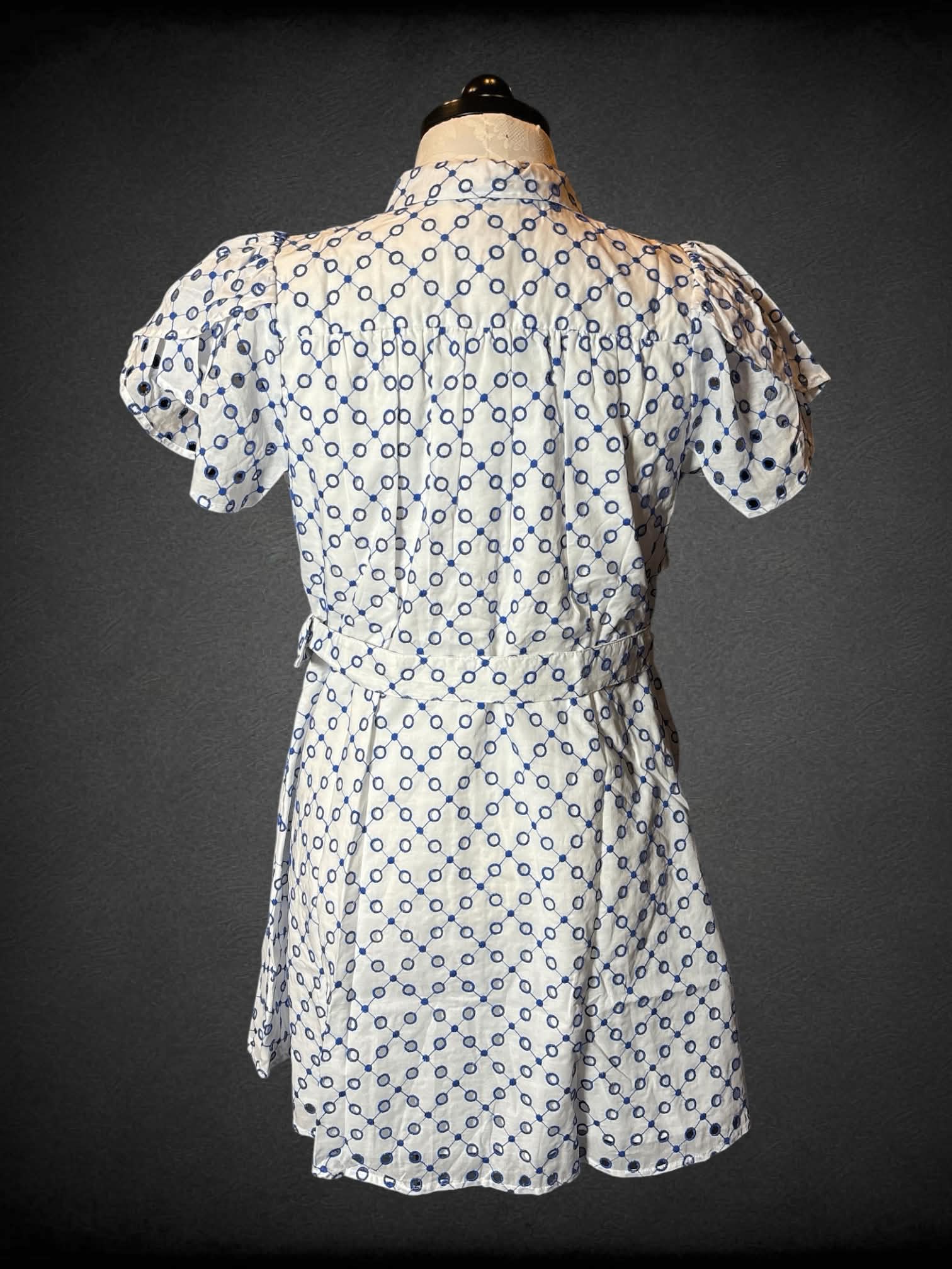 0X Alexis NWT white button-up dress with blue circular pattern, and detachable belt