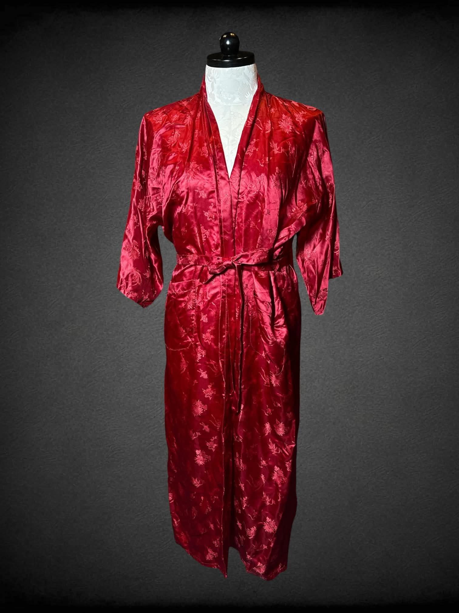 1X Esme vintage red silk robe with flower pattern, and pockets