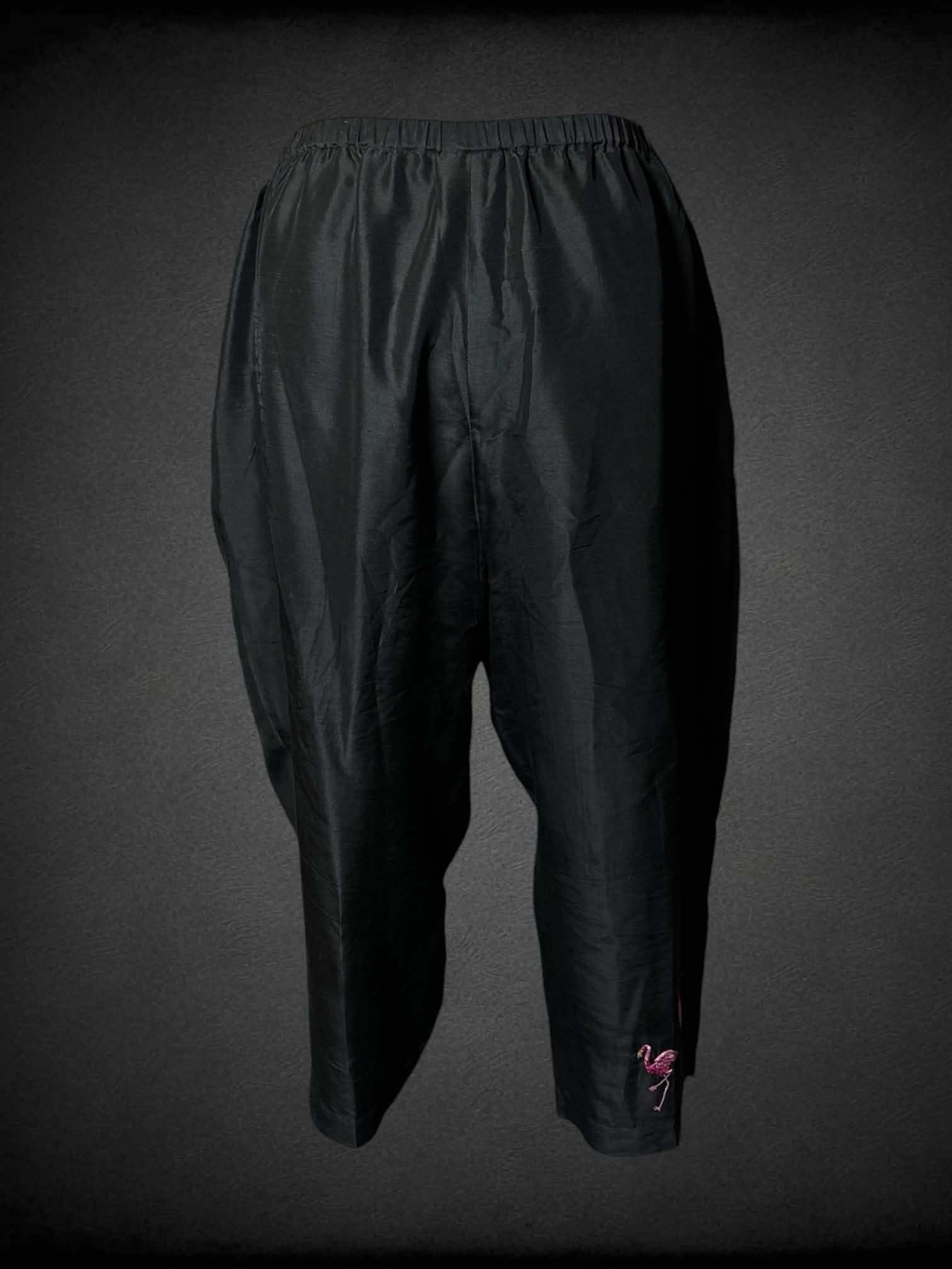 1X The Quacker Factory vintage black silk pants with embroidered pink flamingo pattern