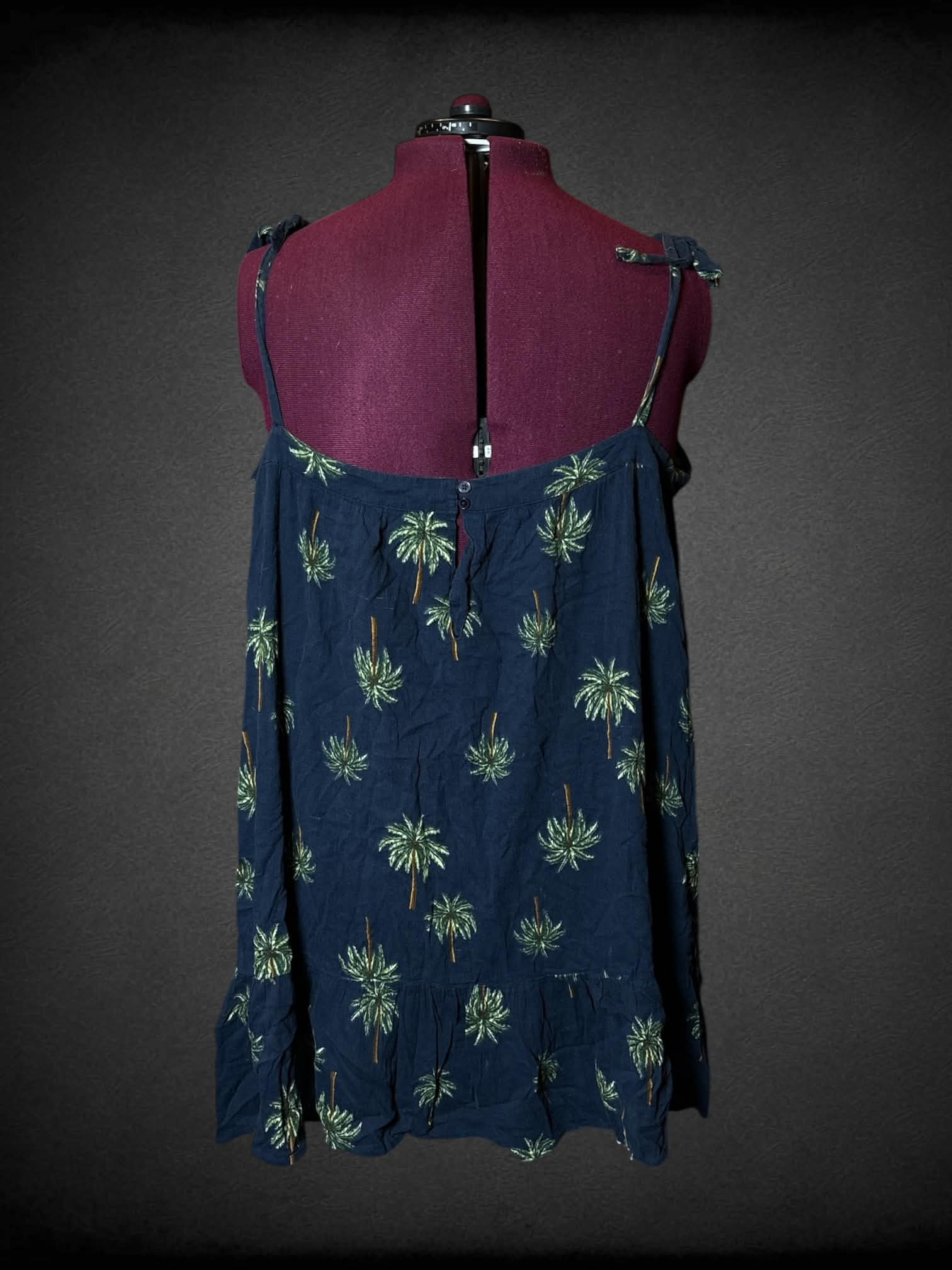 2X Loft navy blue dress with palm tree pattern, and adjustable tie straps, and buttons on back