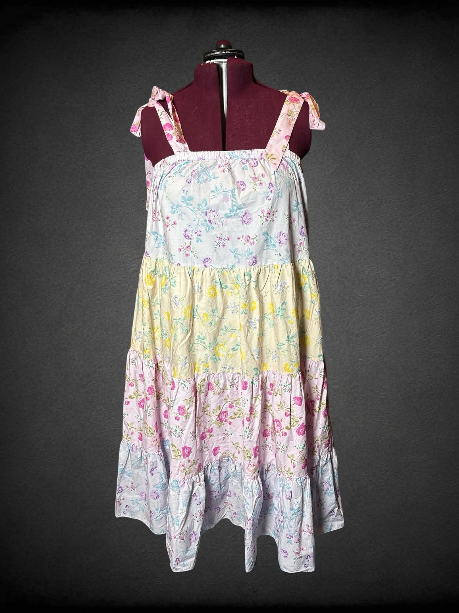 2X Love Shack Fancy NWT yellow, purple & pink pastel sun dress with floral pattern, pockets, and adjustable tie straps