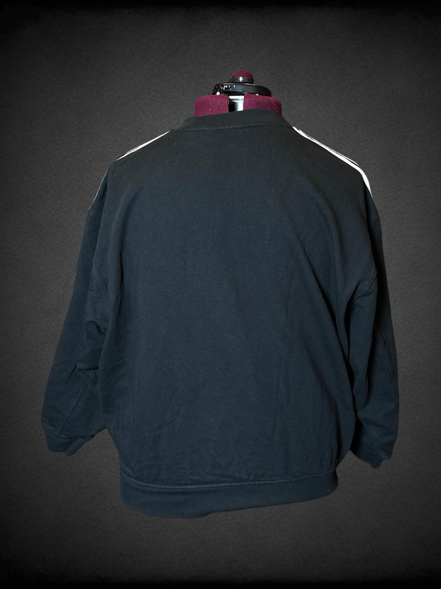 3X Adidas black crewneck with embroidered “Adidas” logo on front, and white striped design on sleeves