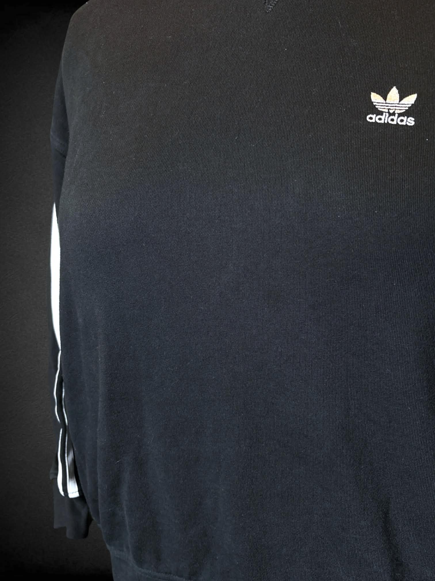 3X Adidas black crewneck with embroidered “Adidas” logo on front, and white striped design on sleeves