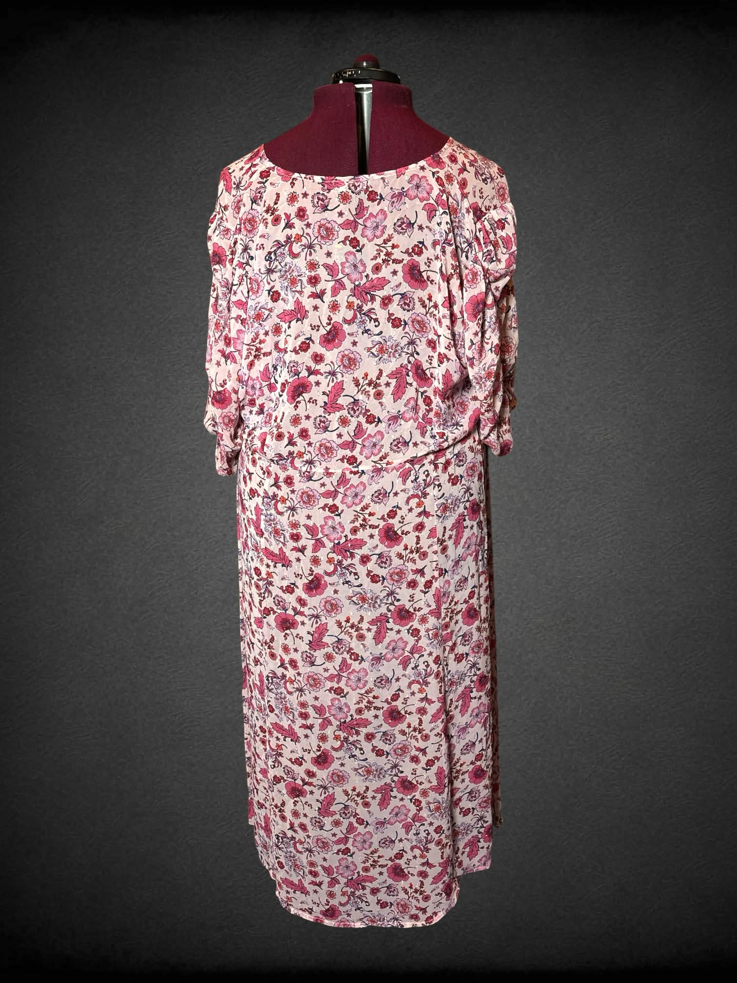 3X Torrid sheer pink flowy outer-layer dress with floral pattern, tie around waist, and buttons on front
