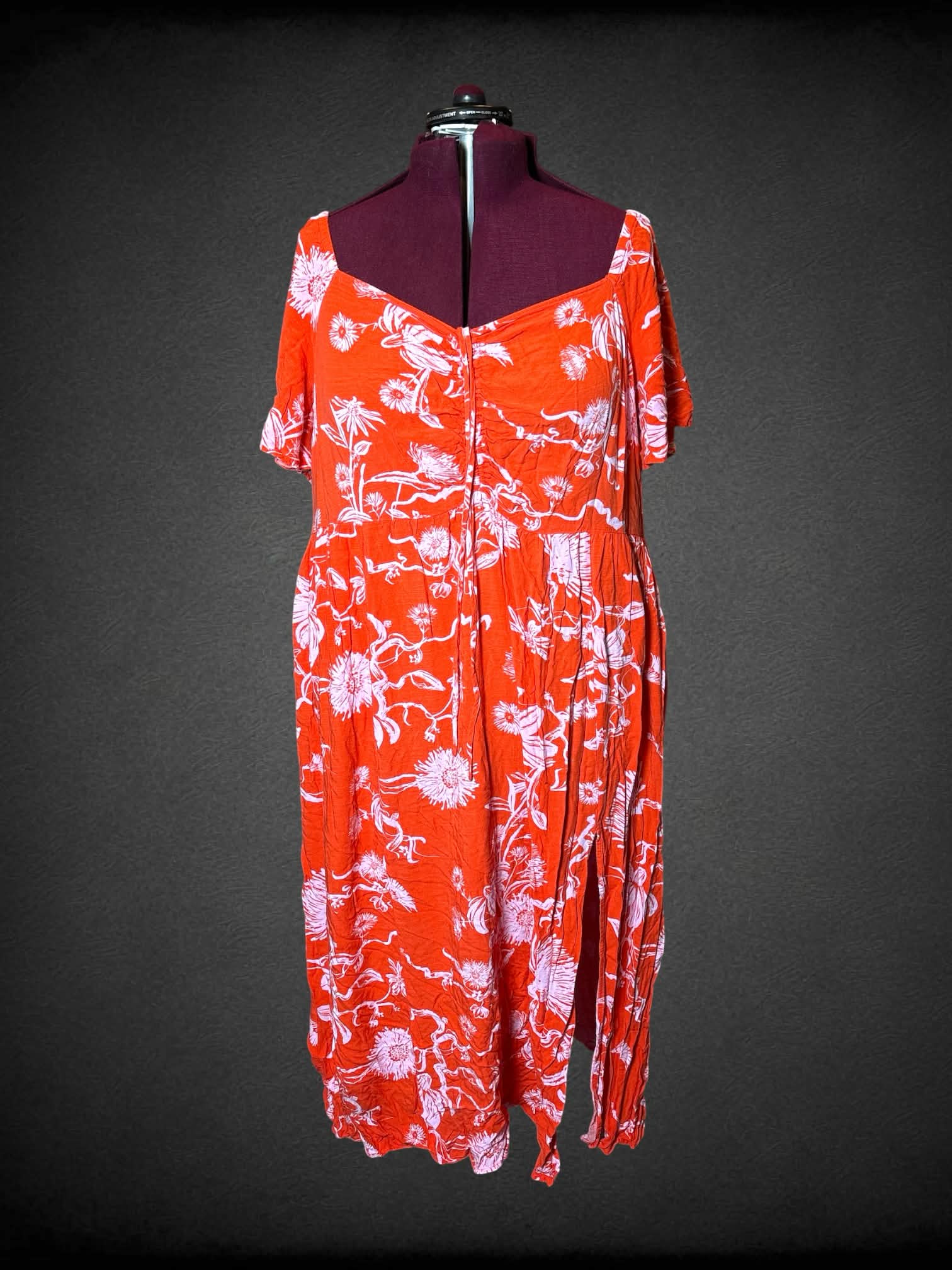 3X Ava & Viv orange sun dress with pink flower pattern, slit in skirt, and pockets