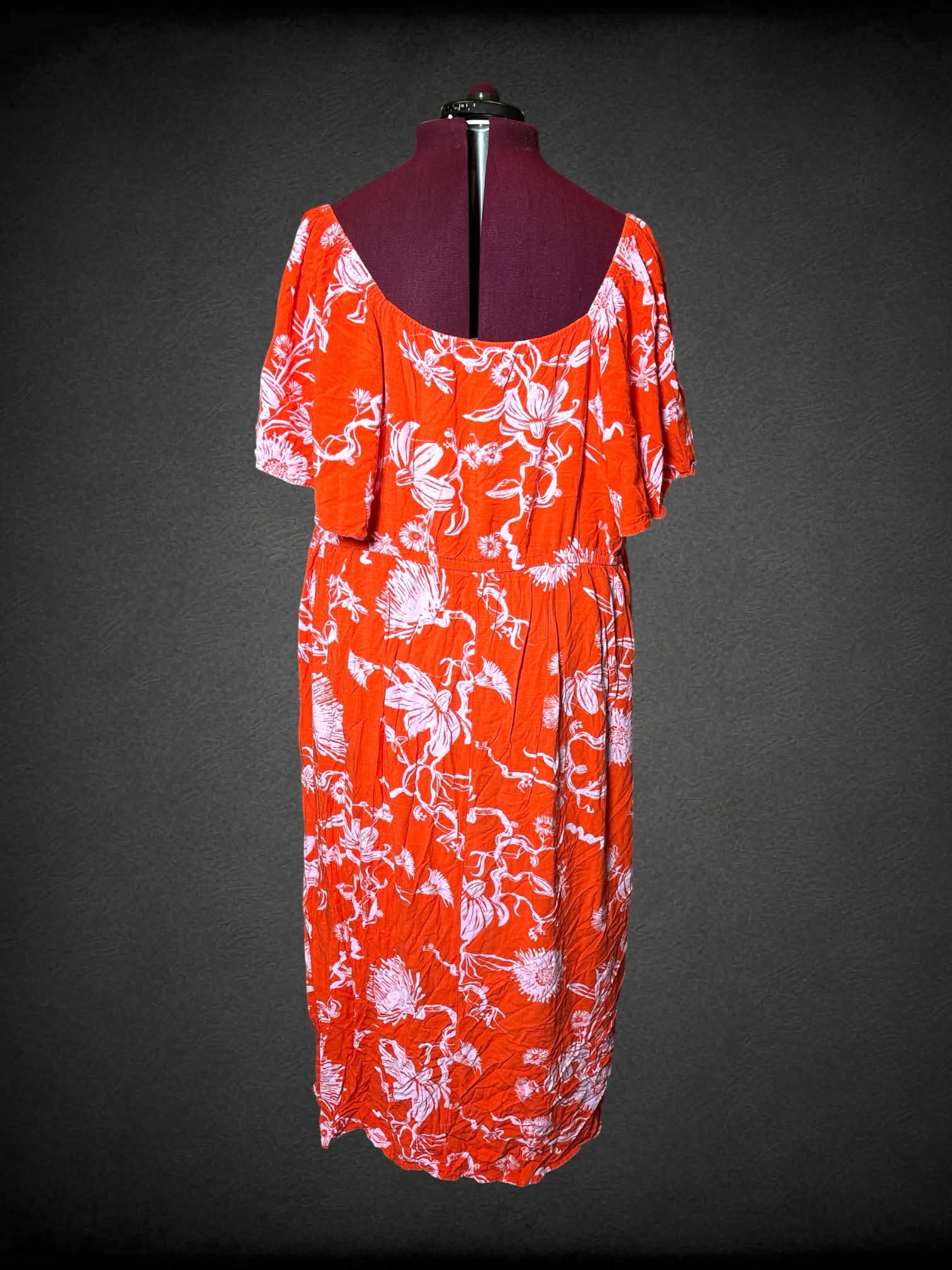 3X Ava & Viv orange sun dress with pink flower pattern, slit in skirt, and pockets