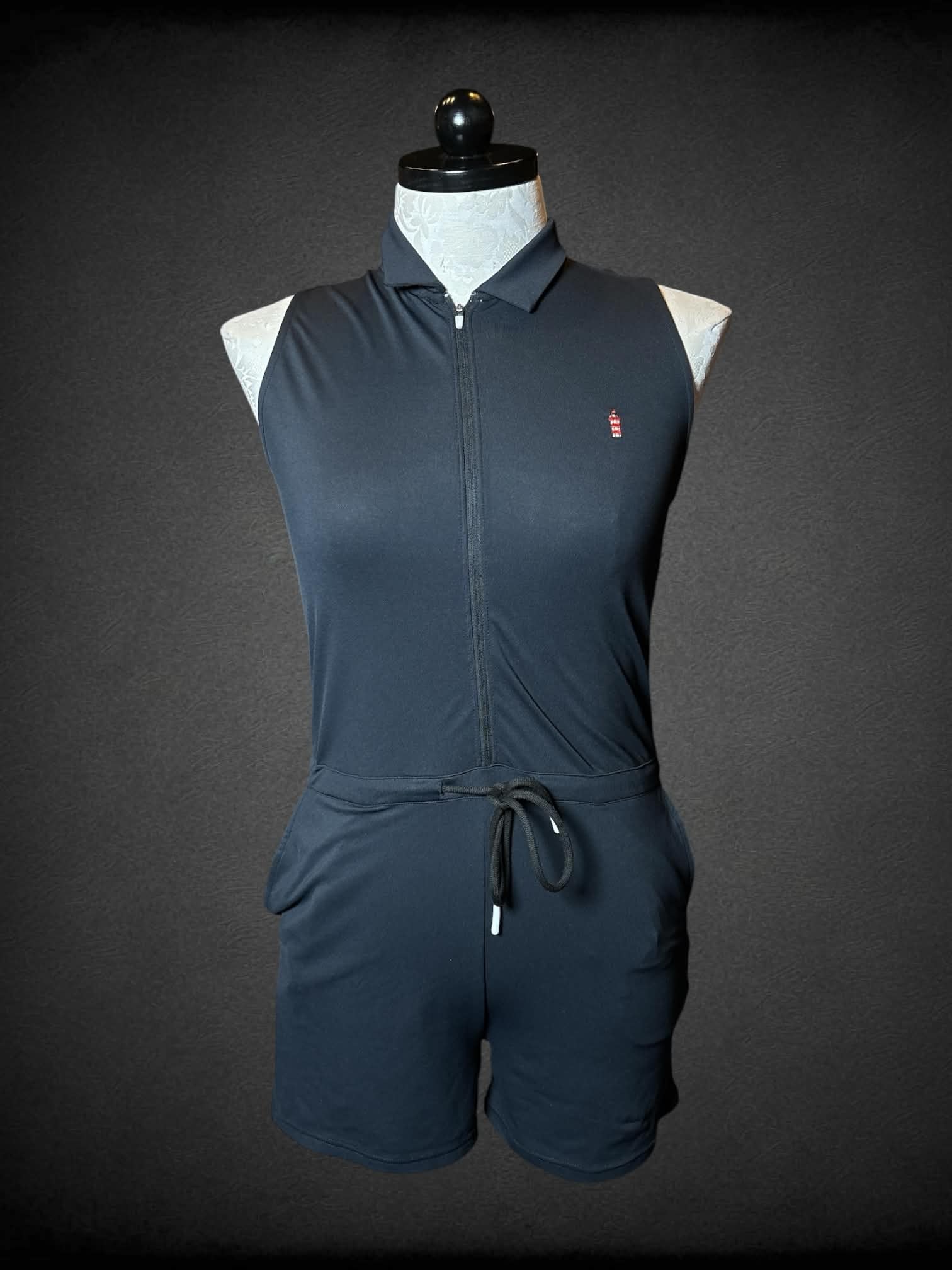 0X FJ black polo jumpsuit with adjustable tie on waist