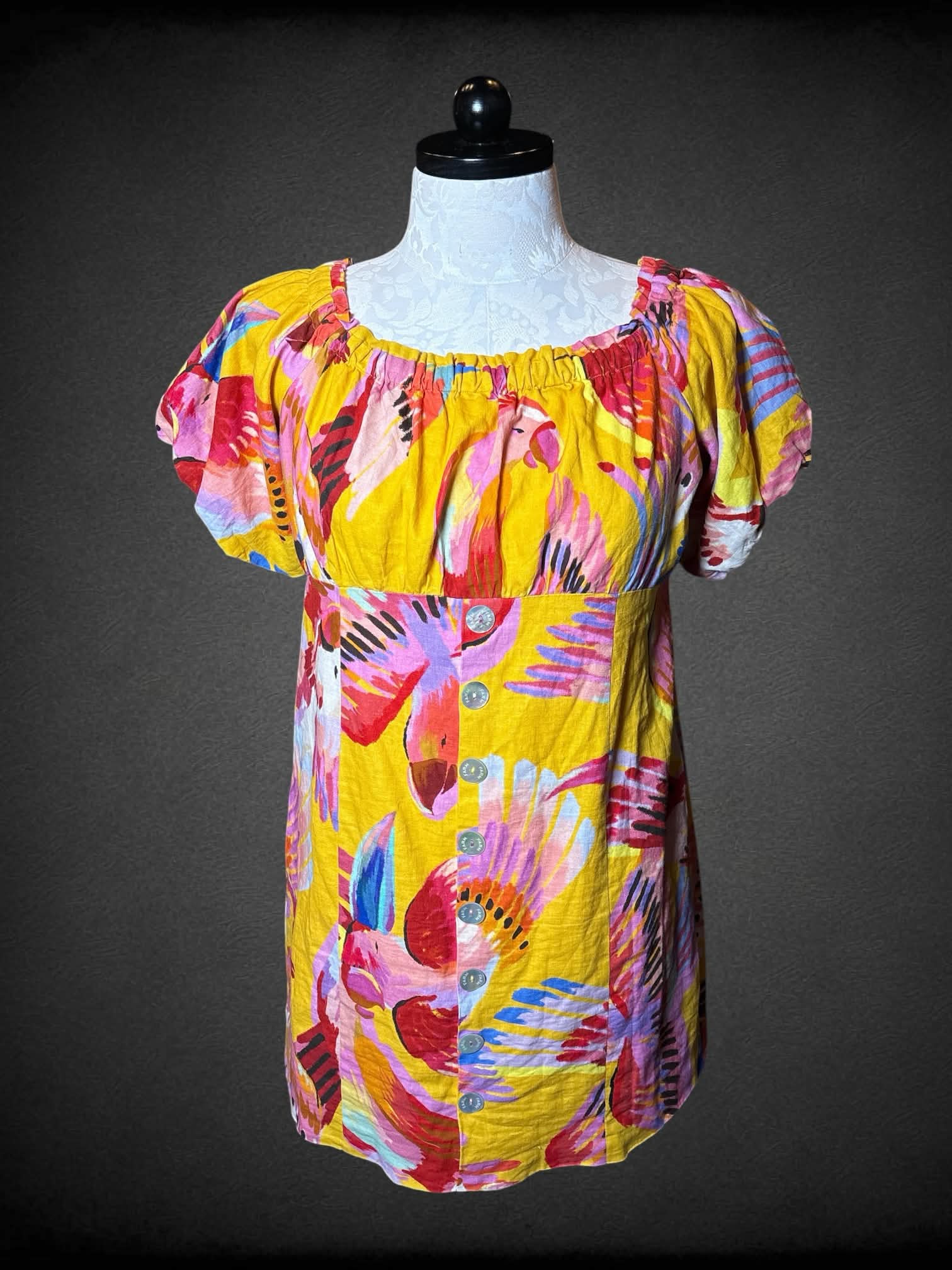 0X Farm yellow dress with colorful parrot pattern, zipper on side, and decorative buttons on front