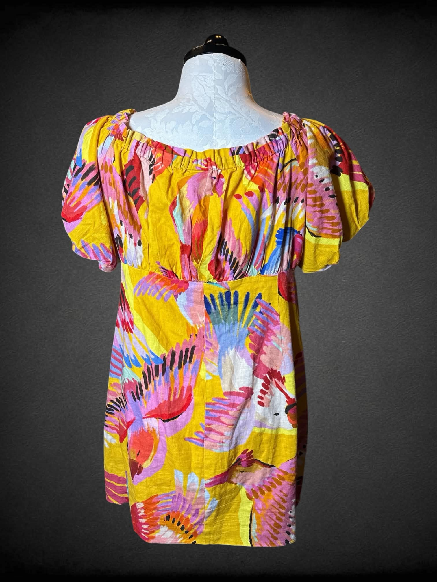 0X Farm yellow dress with colorful parrot pattern, zipper on side, and decorative buttons on front