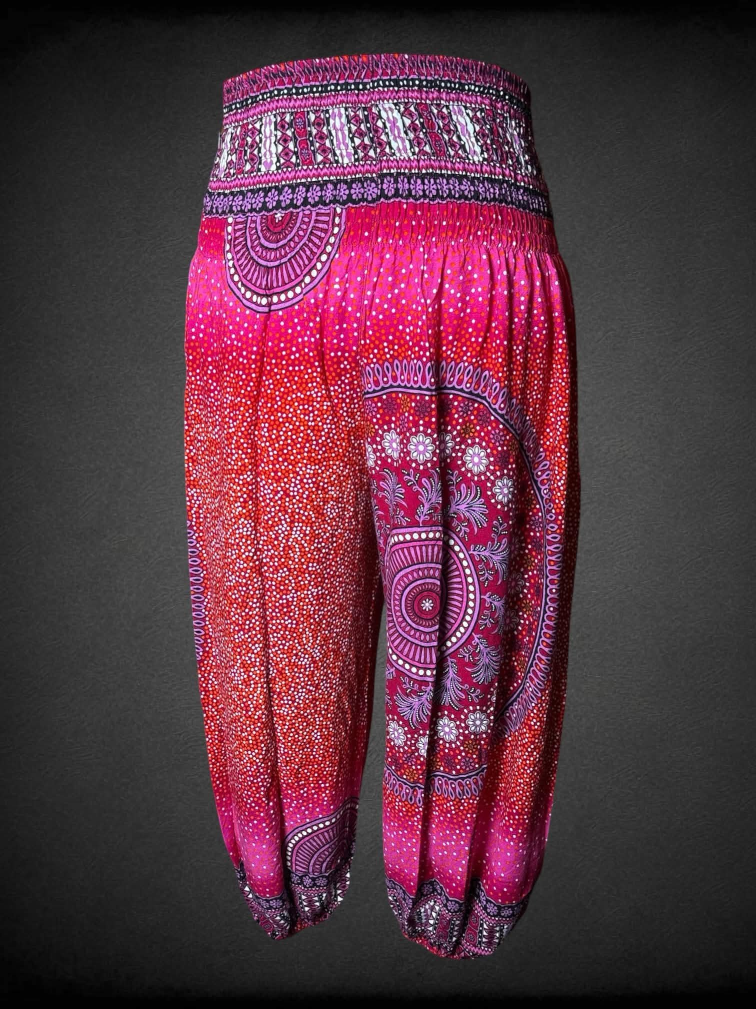 XL Harem Pants pink & red soft pants with tapestry pattern, shirred waist, and pocket on side