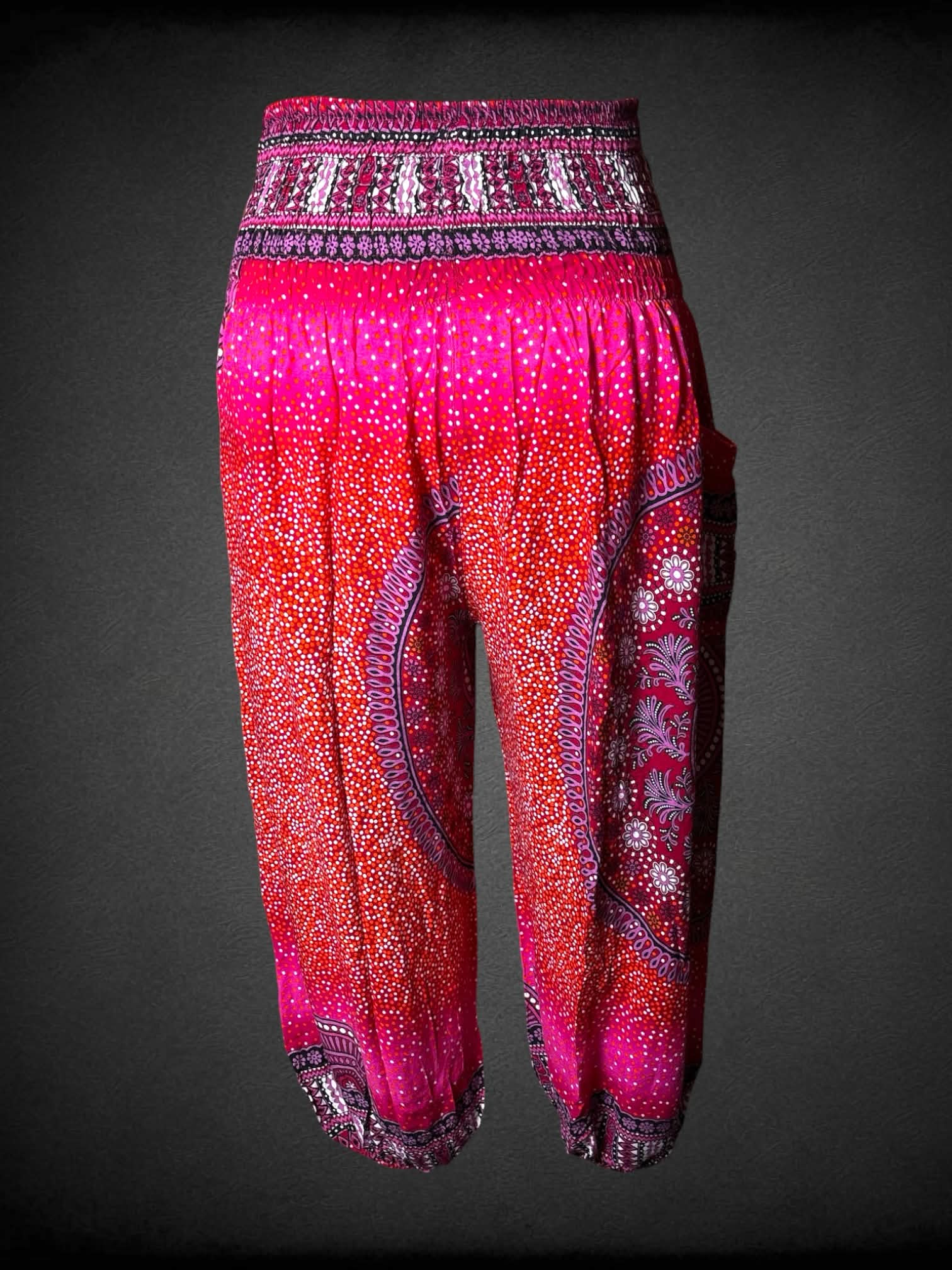 XL Harem Pants pink & red soft pants with tapestry pattern, shirred waist, and pocket on side