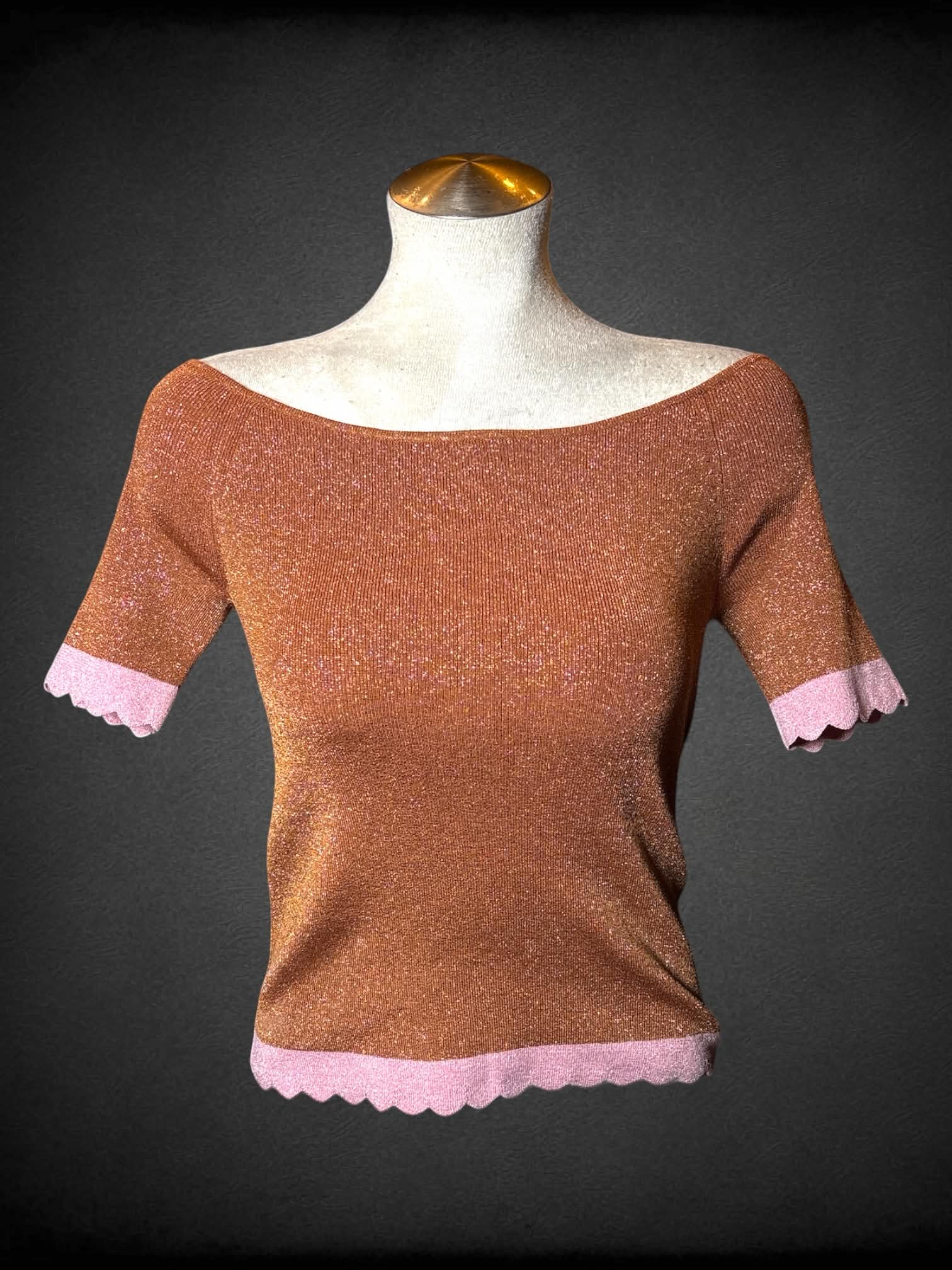 L Kate Spade NWT designer brown off-the shoulder sparkle rib top with pink hem