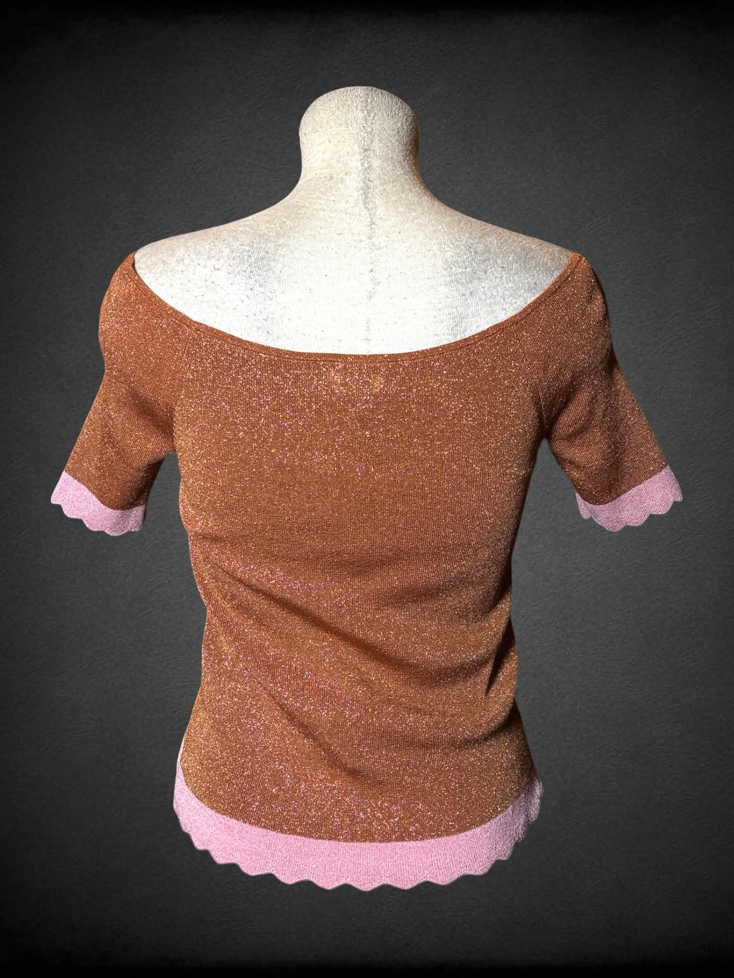 L Kate Spade NWT designer brown off-the shoulder sparkle rib top with pink hem